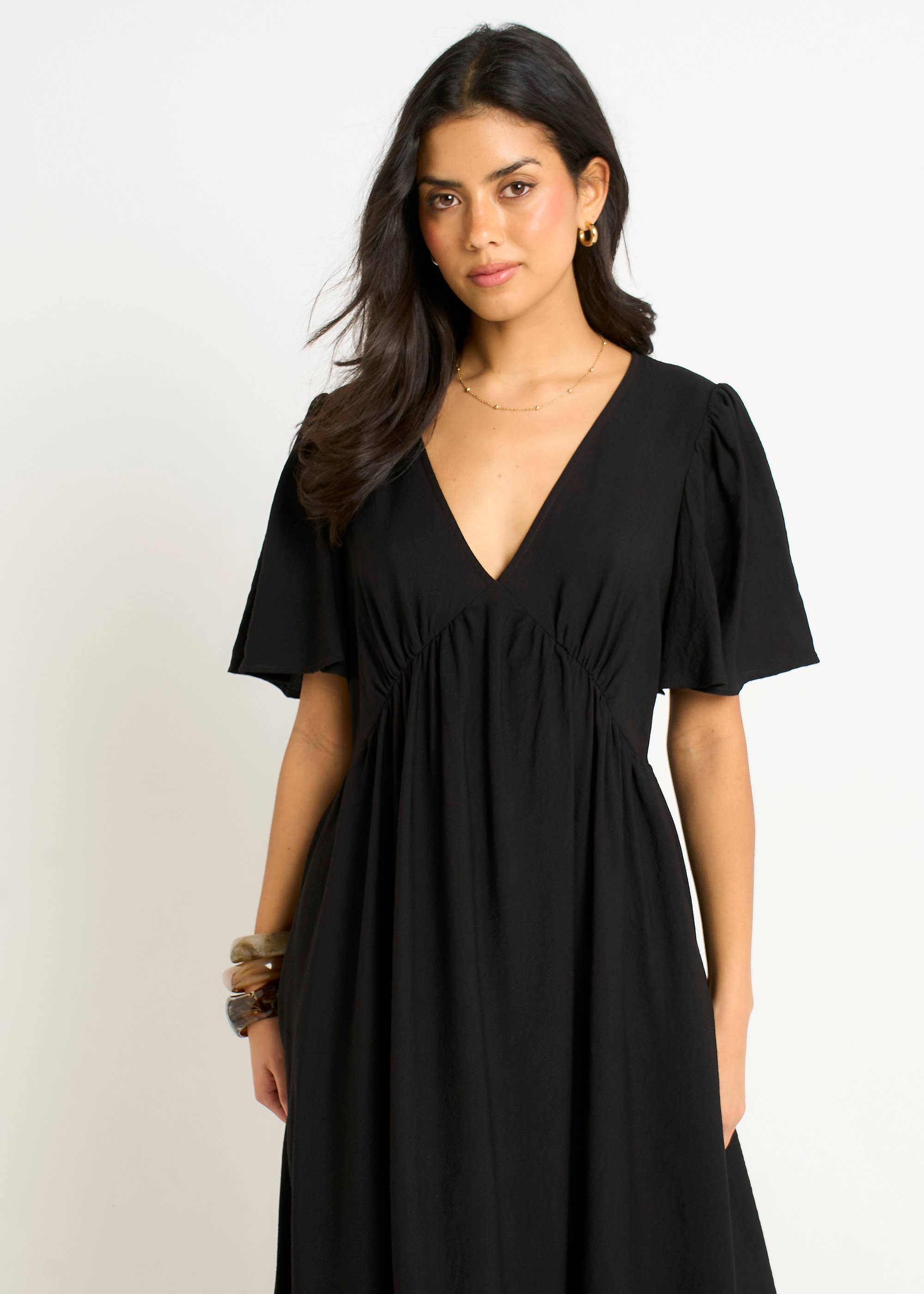 Black V Neck Angel Sleeves Skater Maxi Dress