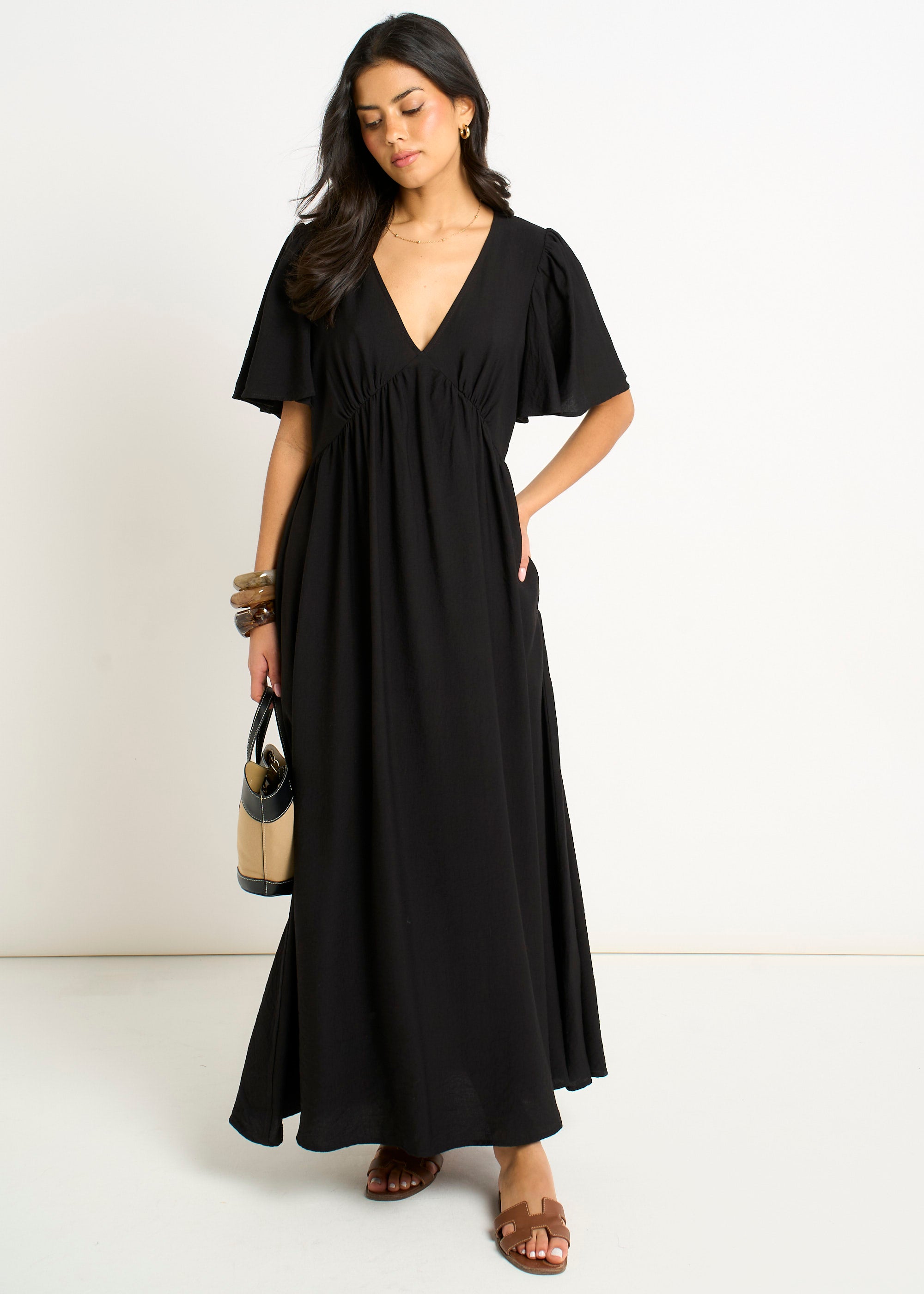 V Neck Angel Sleeves Skater Maxi Dress
