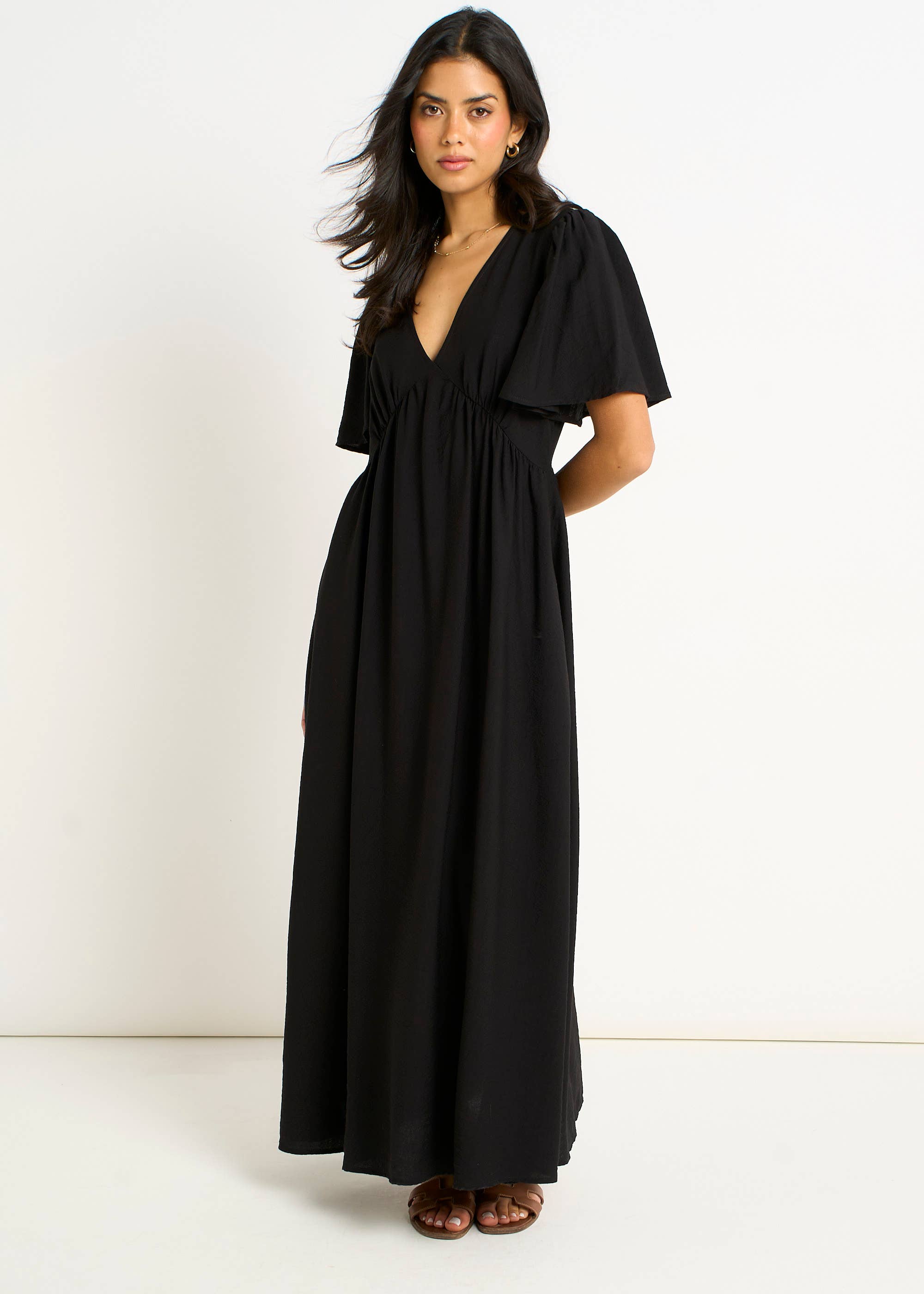 Black V Neck Angel Sleeves Skater Maxi Dress