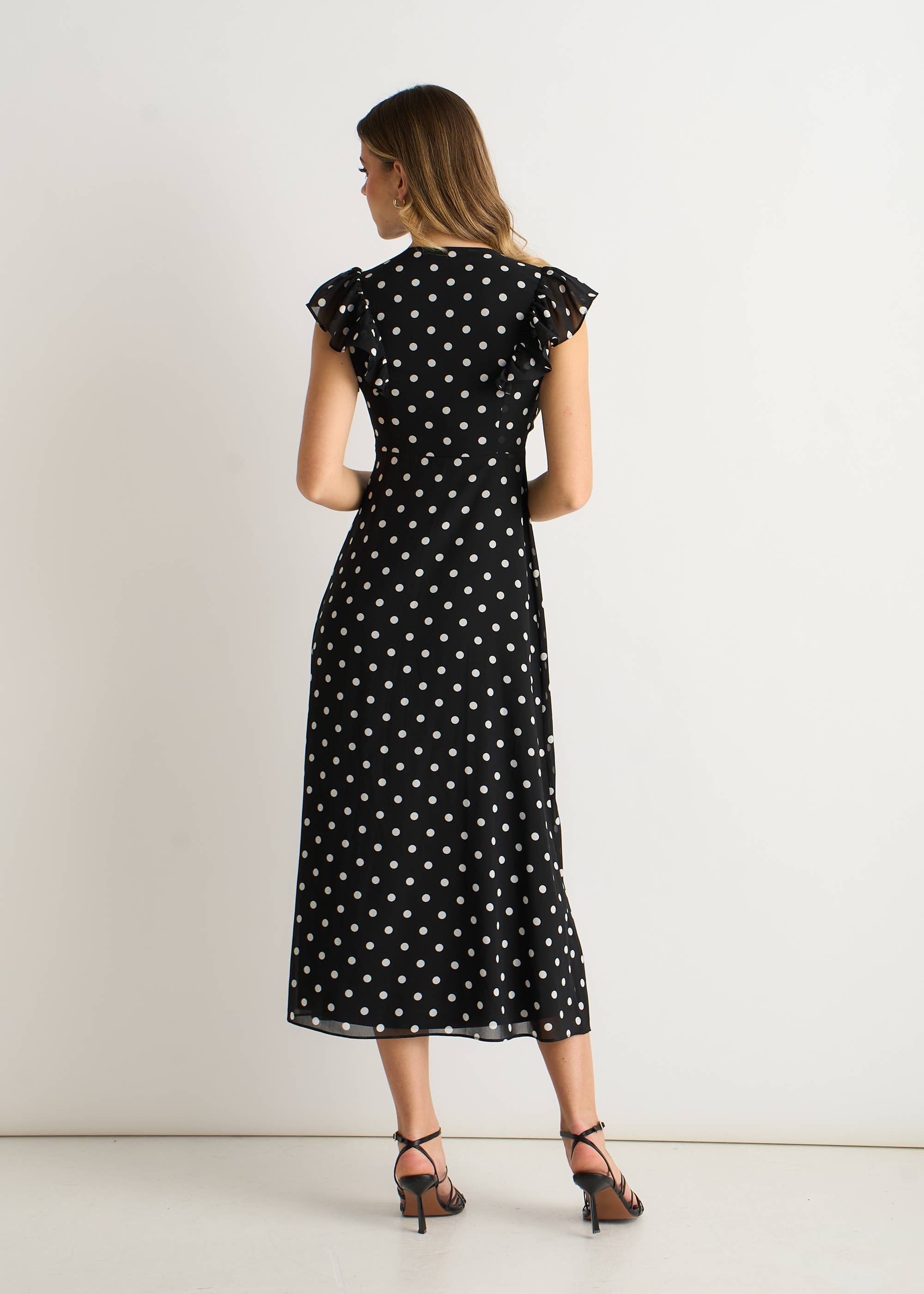Black V Neck Angel Sleeves Skater Midi Dress