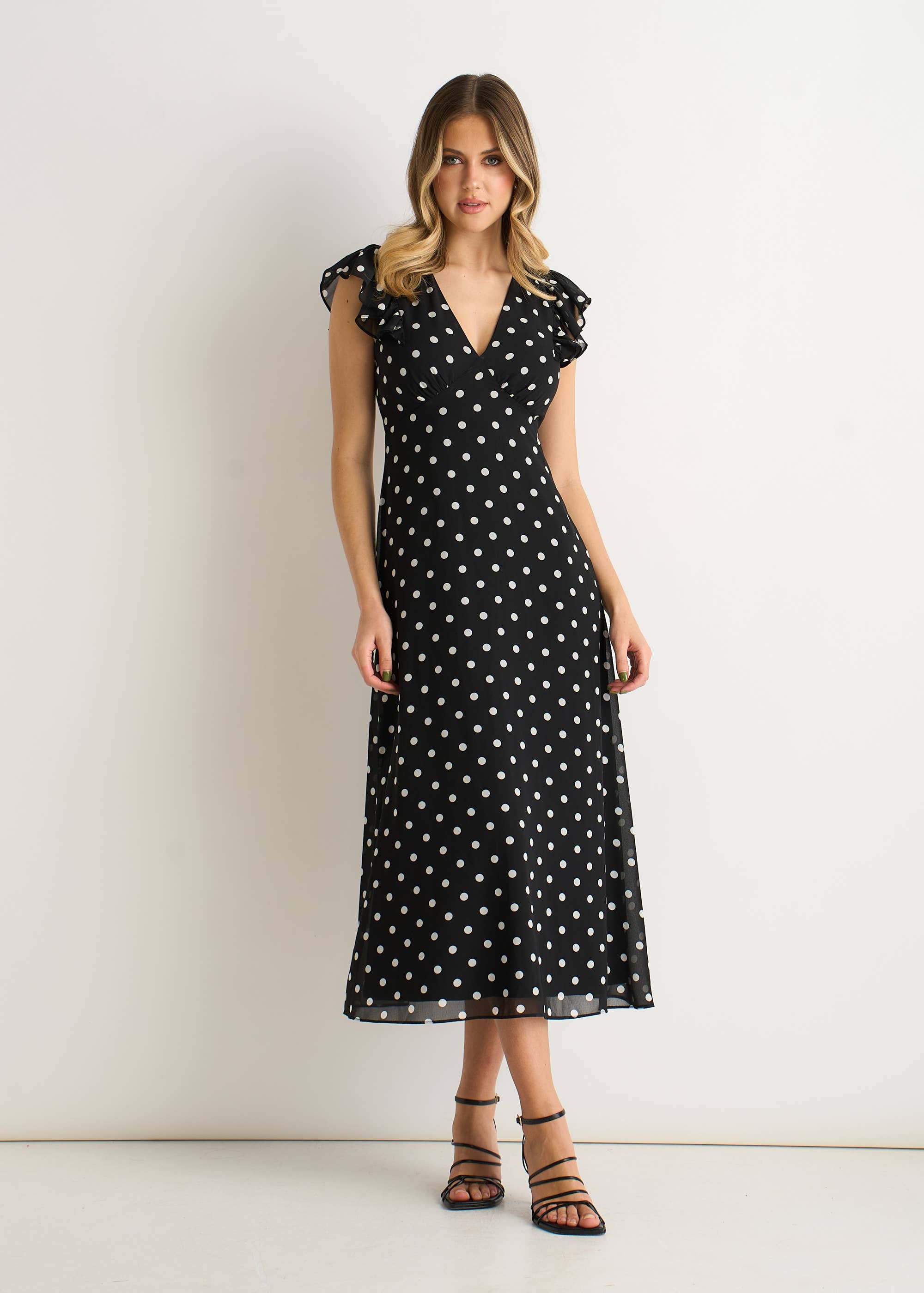 Black V Neck Angel Sleeves Skater Midi Dress
