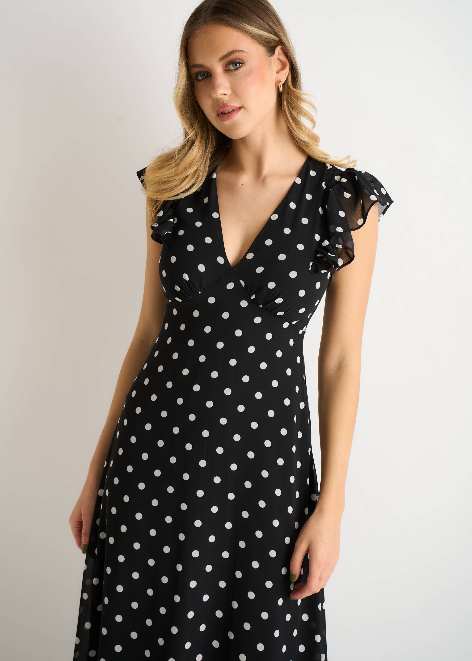 Black V Neck Angel Sleeves Skater Midi Dress