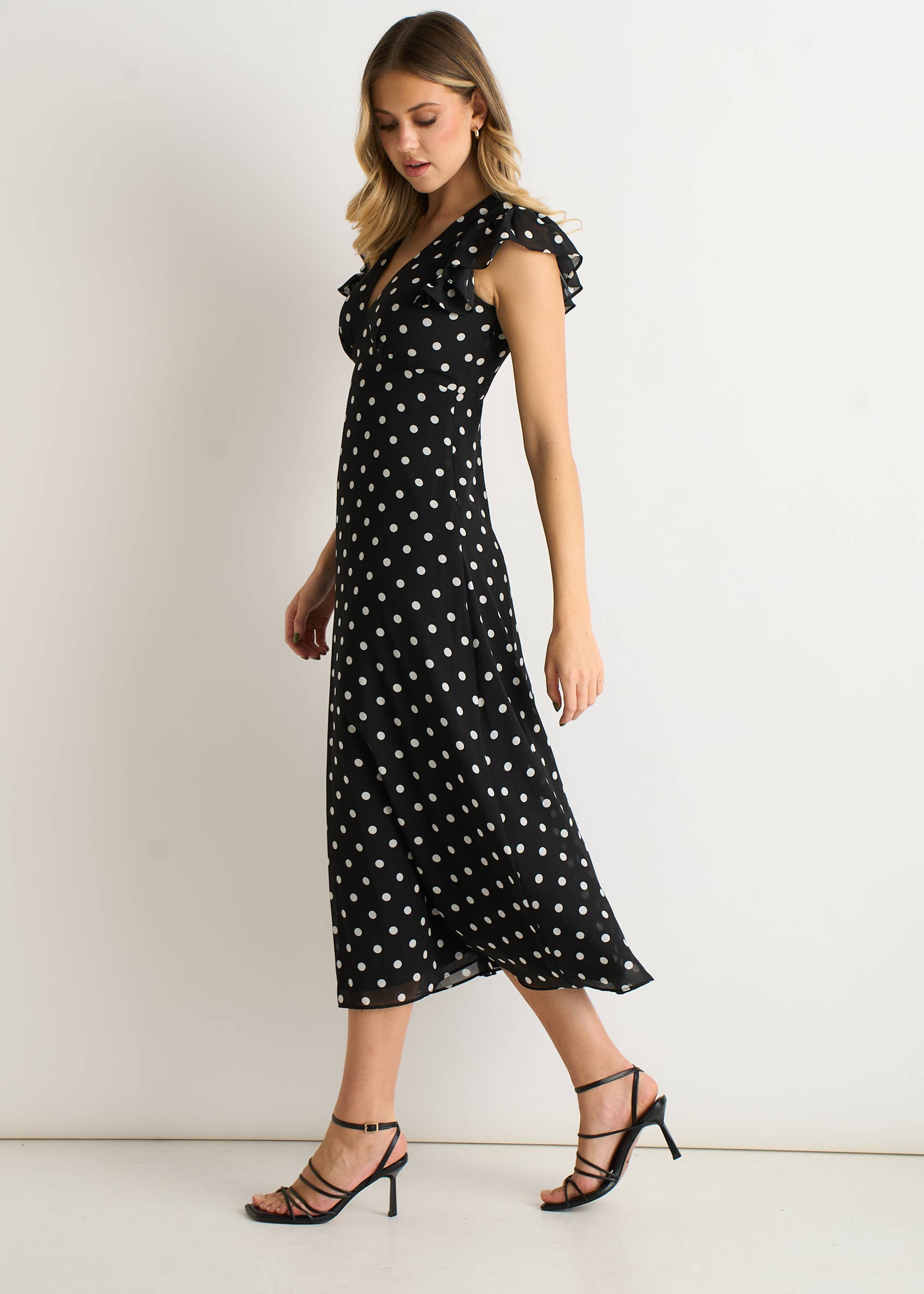 Black V Neck Angel Sleeves Skater Midi Dress