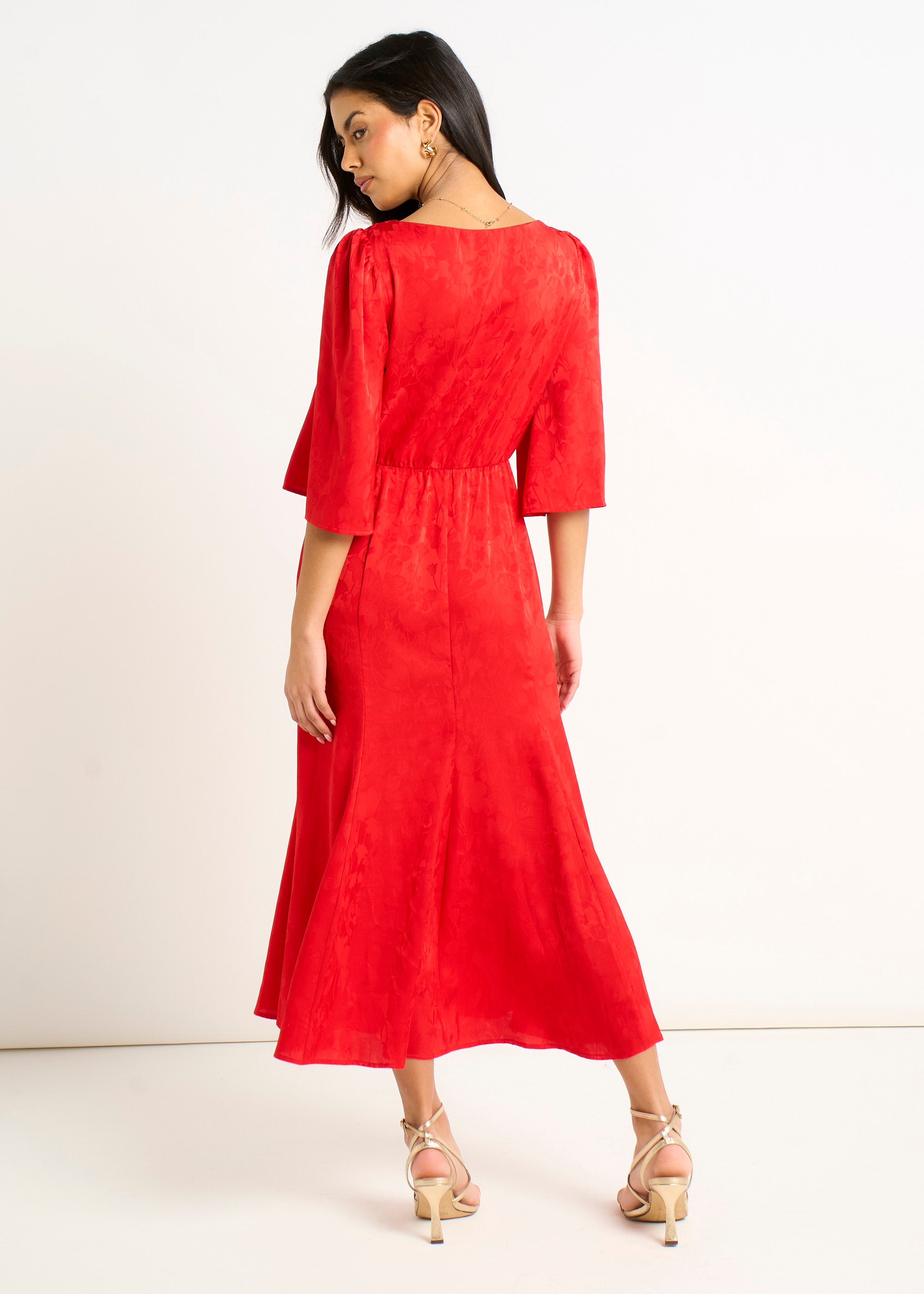 Red Satin Jacquard Midi Dress