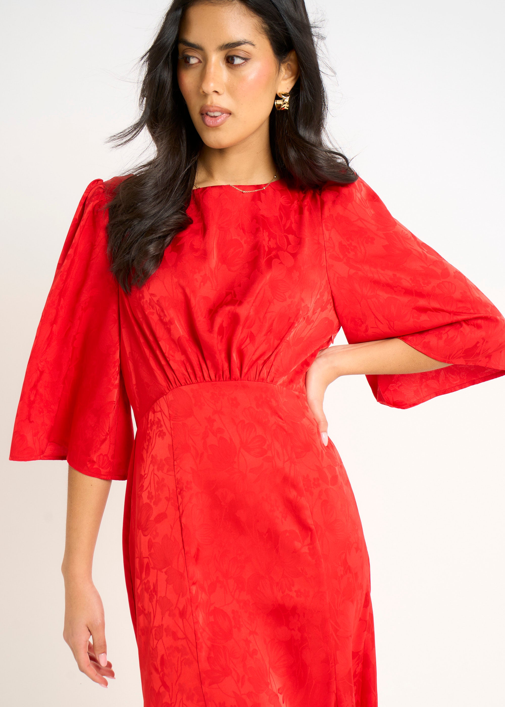 Red Satin Jacquard Midi Dress