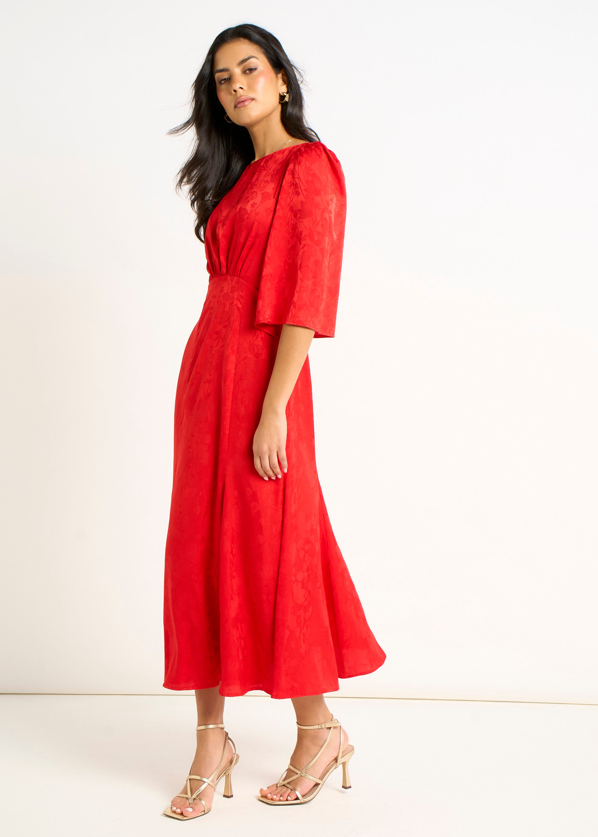 Red Satin Jacquard Midi Dress