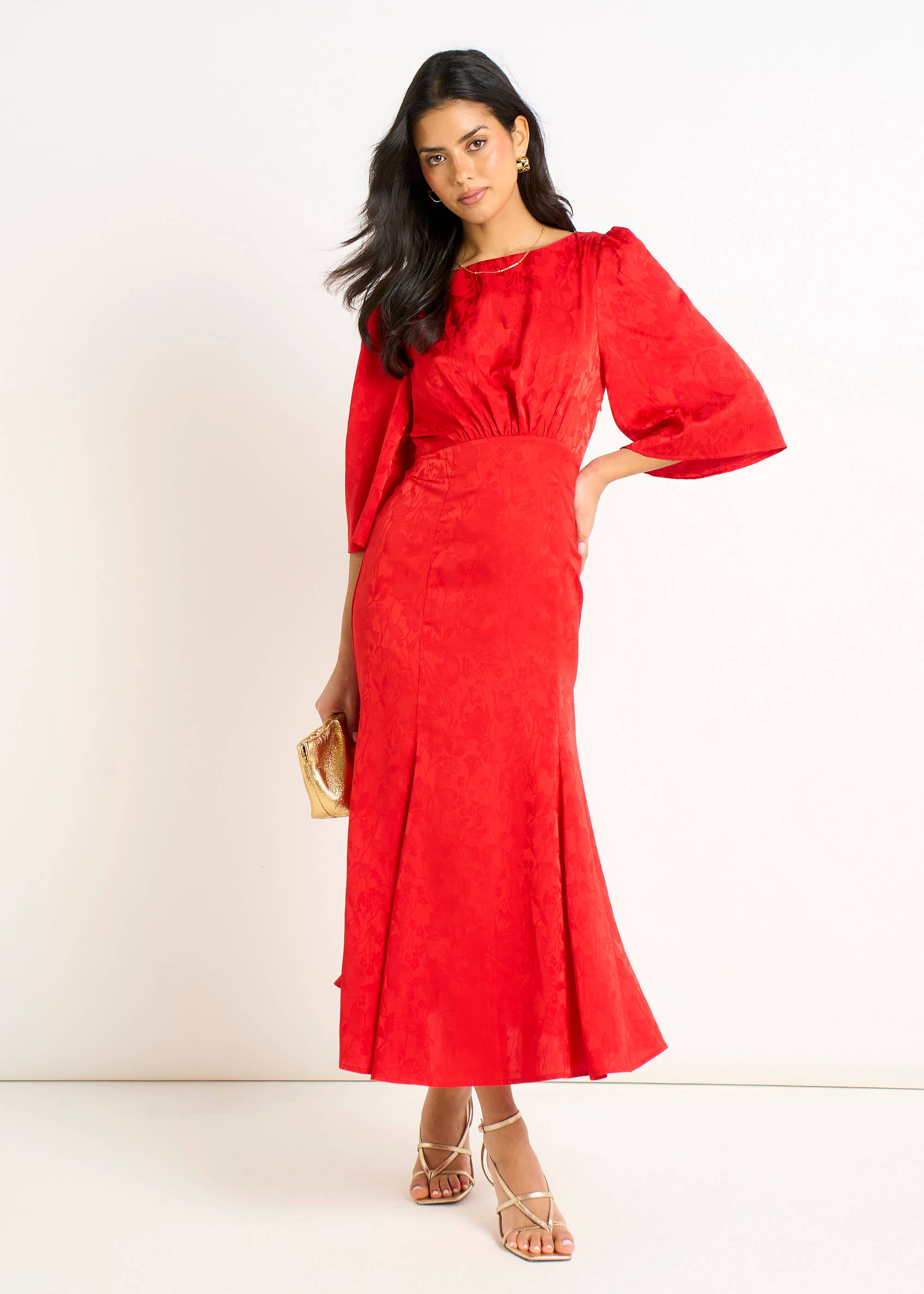 Red Satin Jacquard Midi Dress