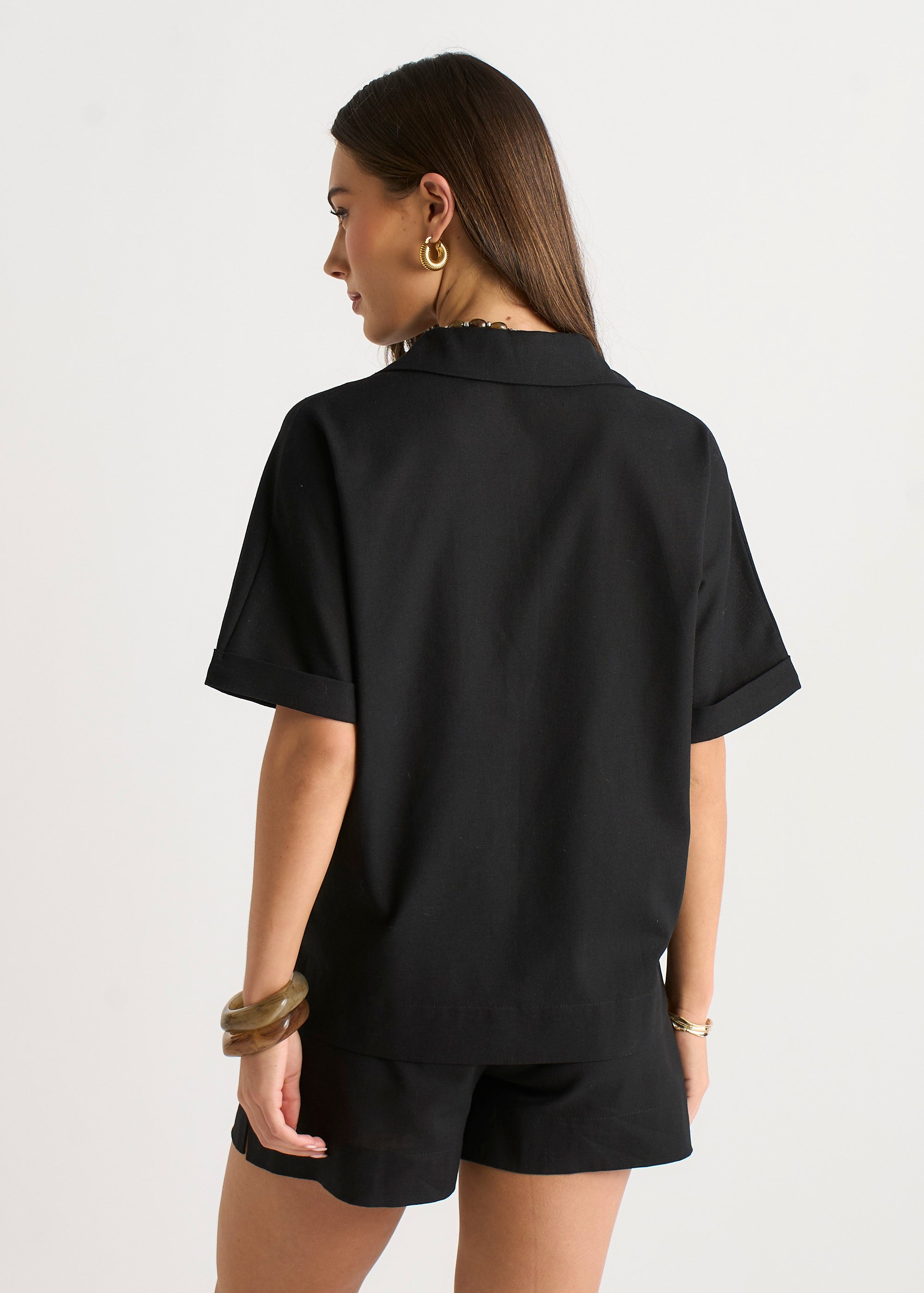 Black Linen Mix Oversized Button Through Shirt