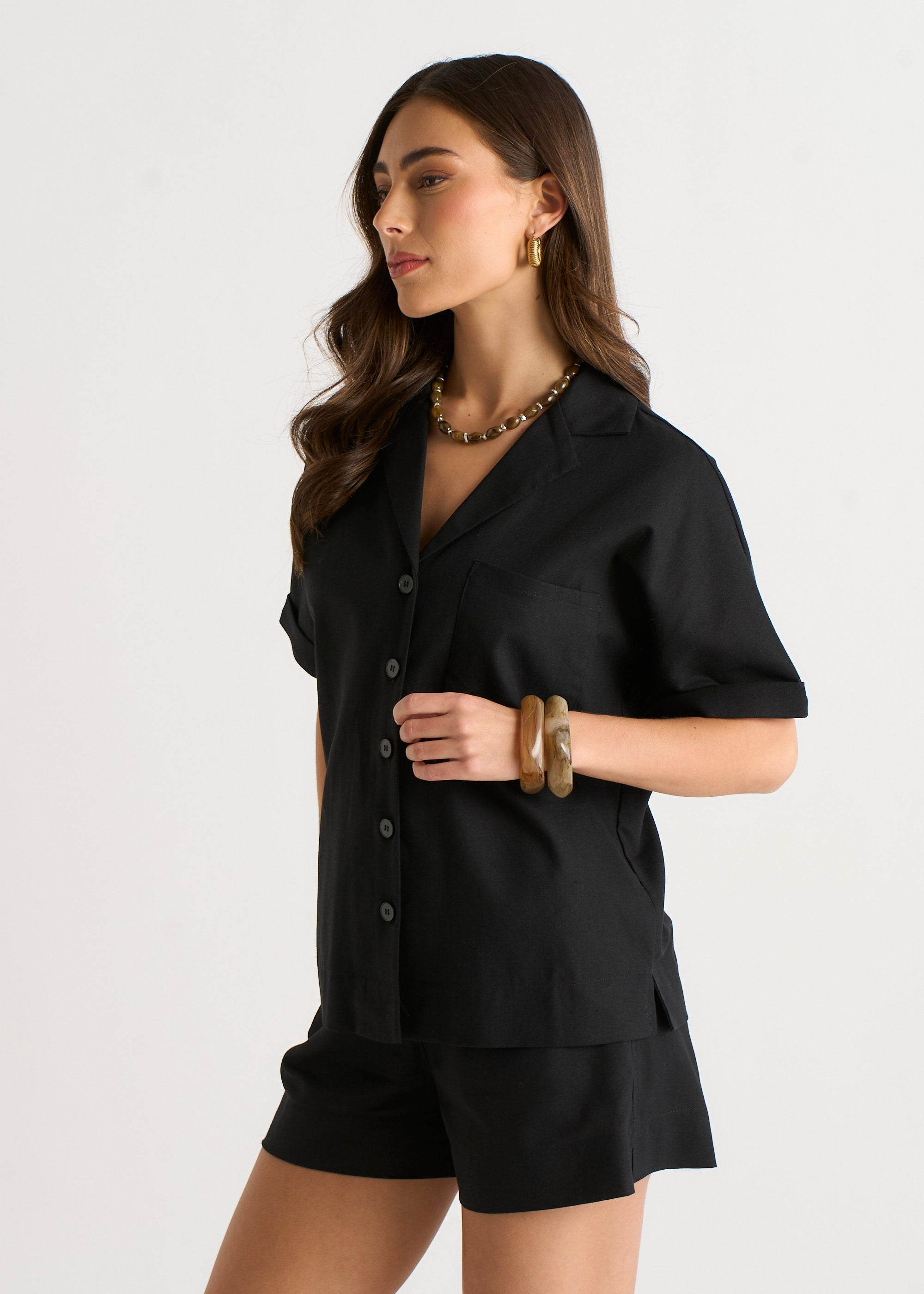 Black Linen Mix Oversized Button Through Shirt