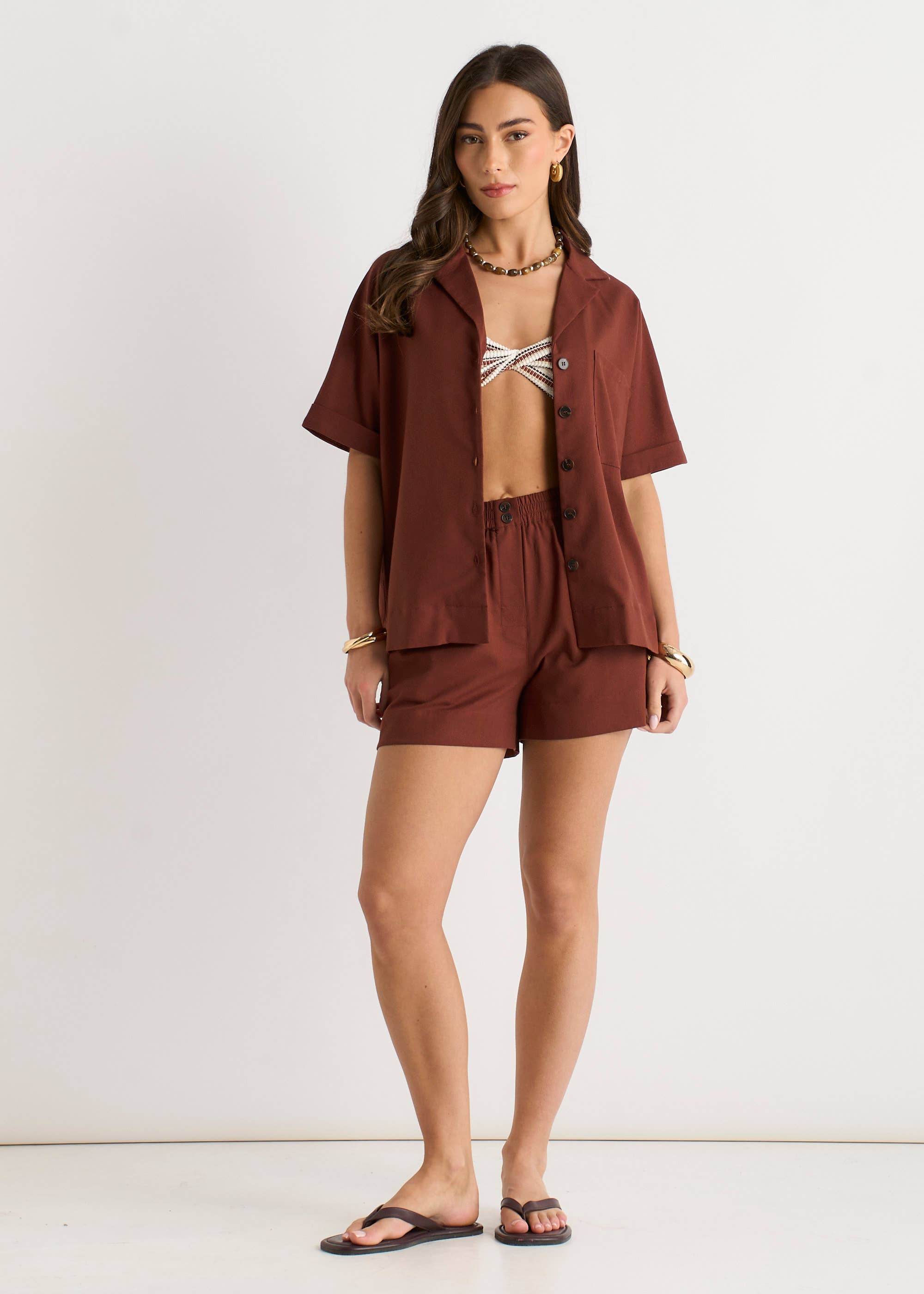 Chocolate Viscose and Linen Blend Oversized Button Through Shirt