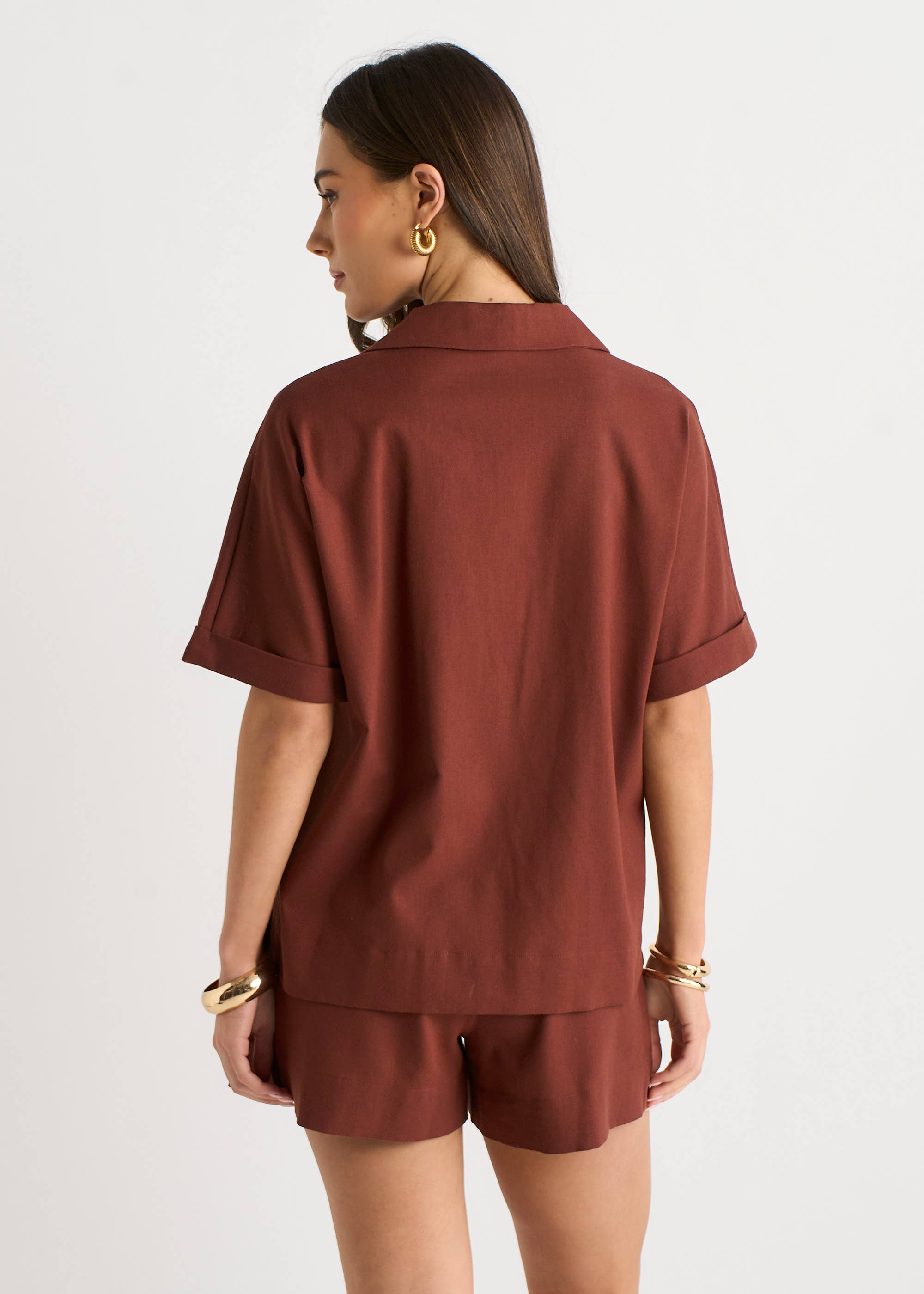 Chocolate Viscose and Linen Blend Oversized Button Through Shirt