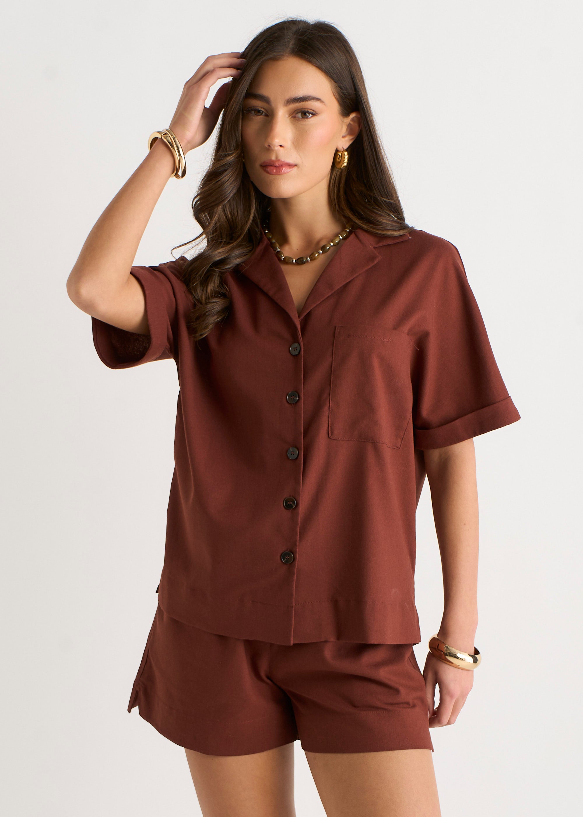 Chocolate Viscose Linen Blend Oversized Button Through Shirt