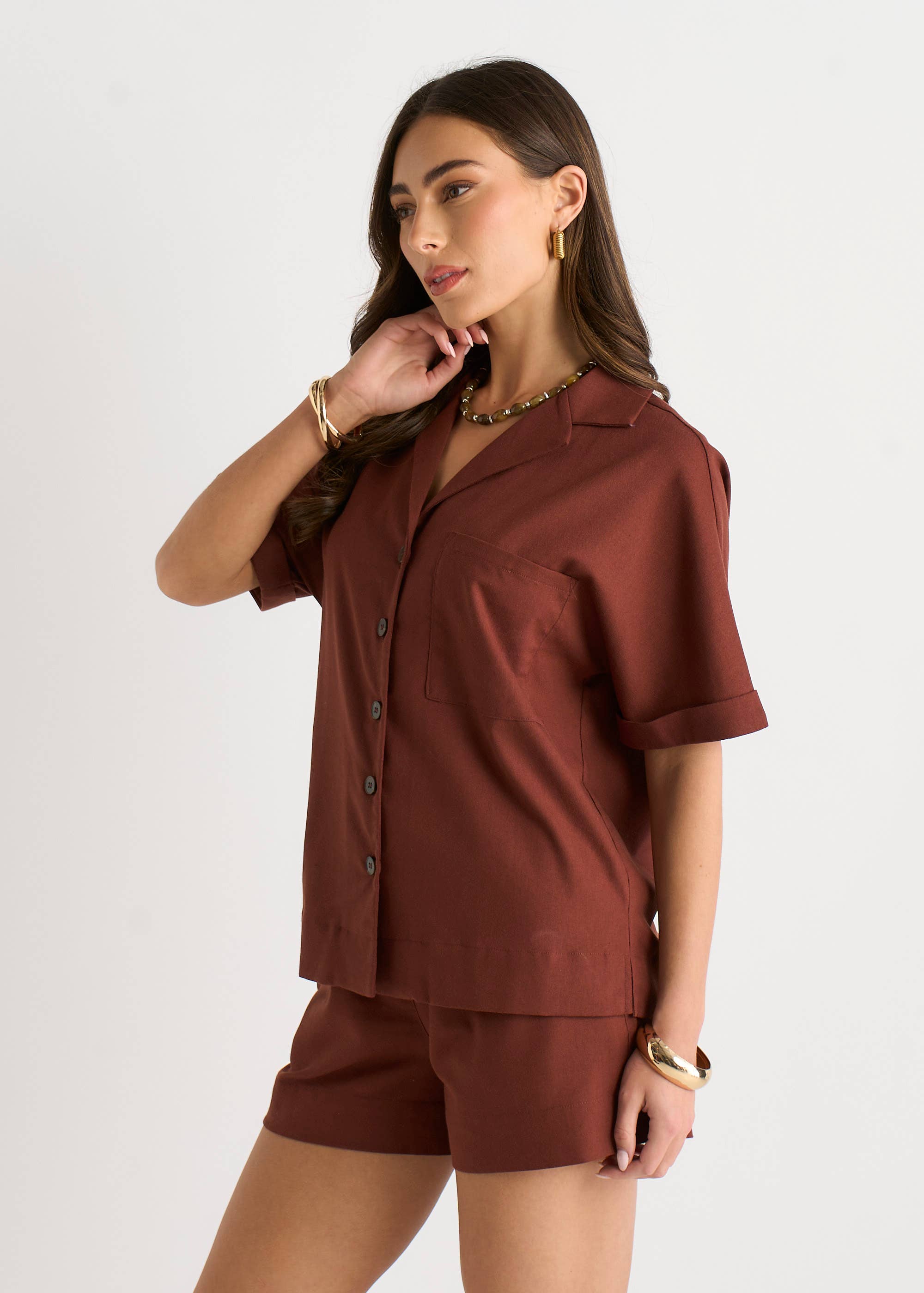 Chocolate Viscose and Linen Blend Oversized Button Through Shirt