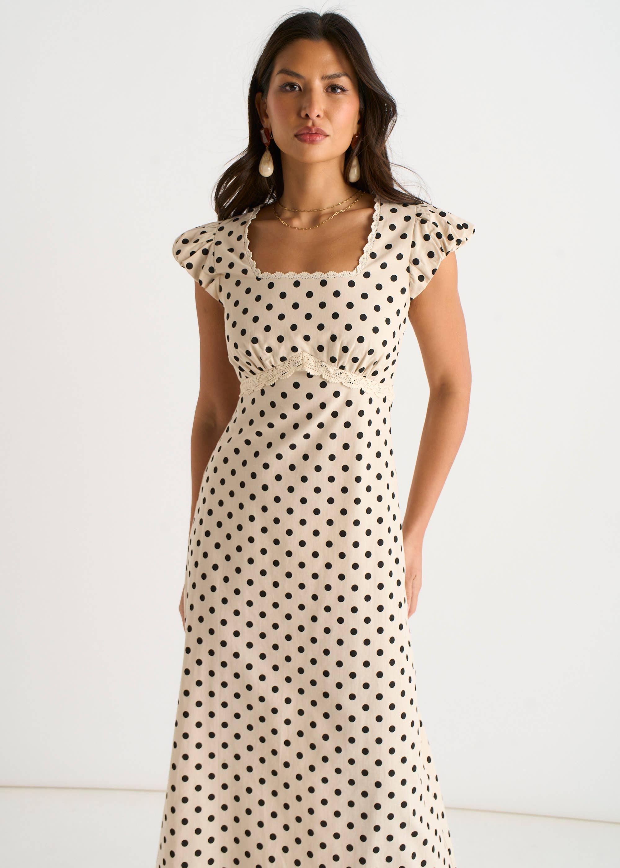 Cream Cotton Spot Print Lace Trim Midi Dress