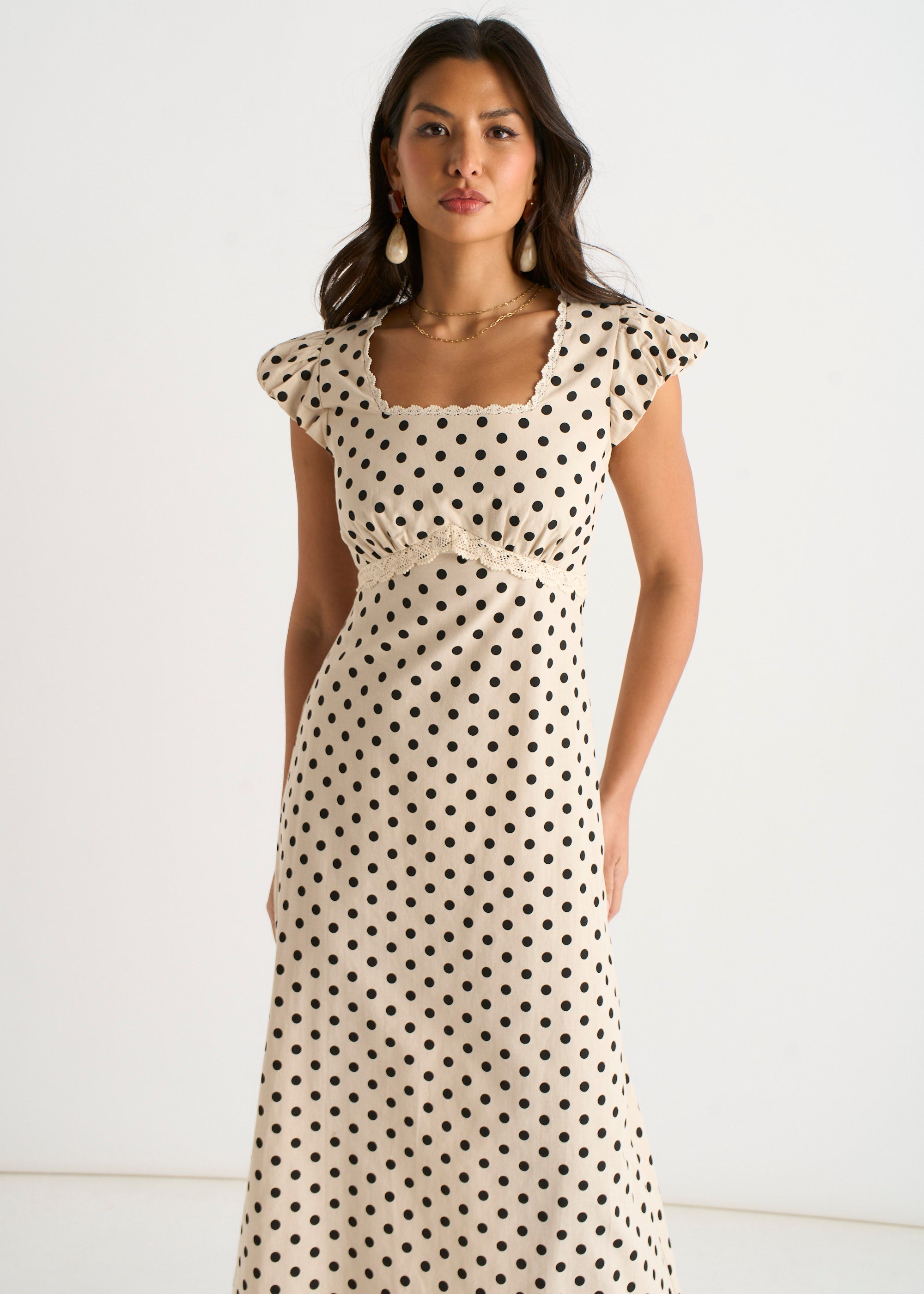 Cream Cotton Spot Print Lace Trim Midi Dress