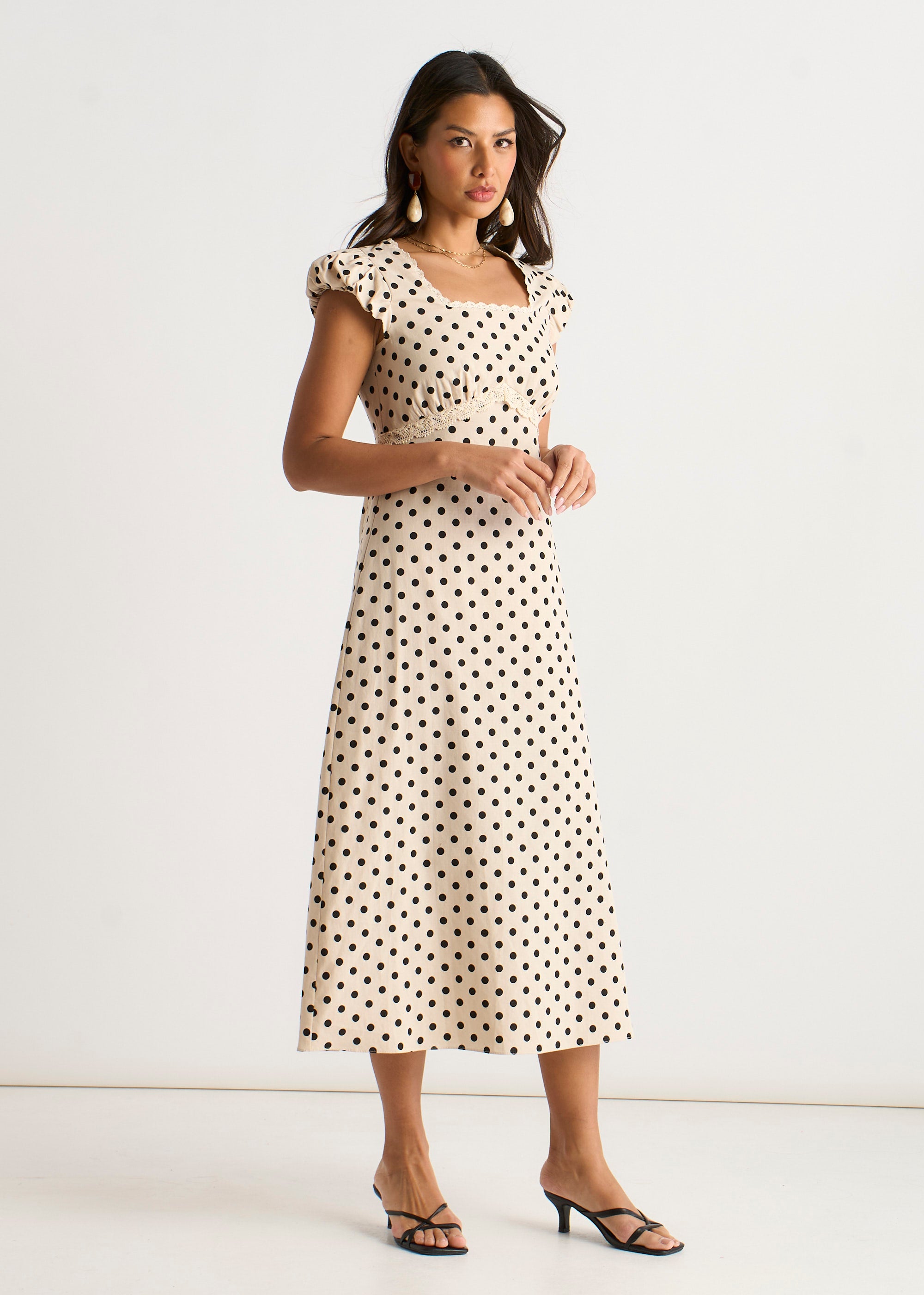 Cream Cotton Spot Print Lace Trim Midi Dress