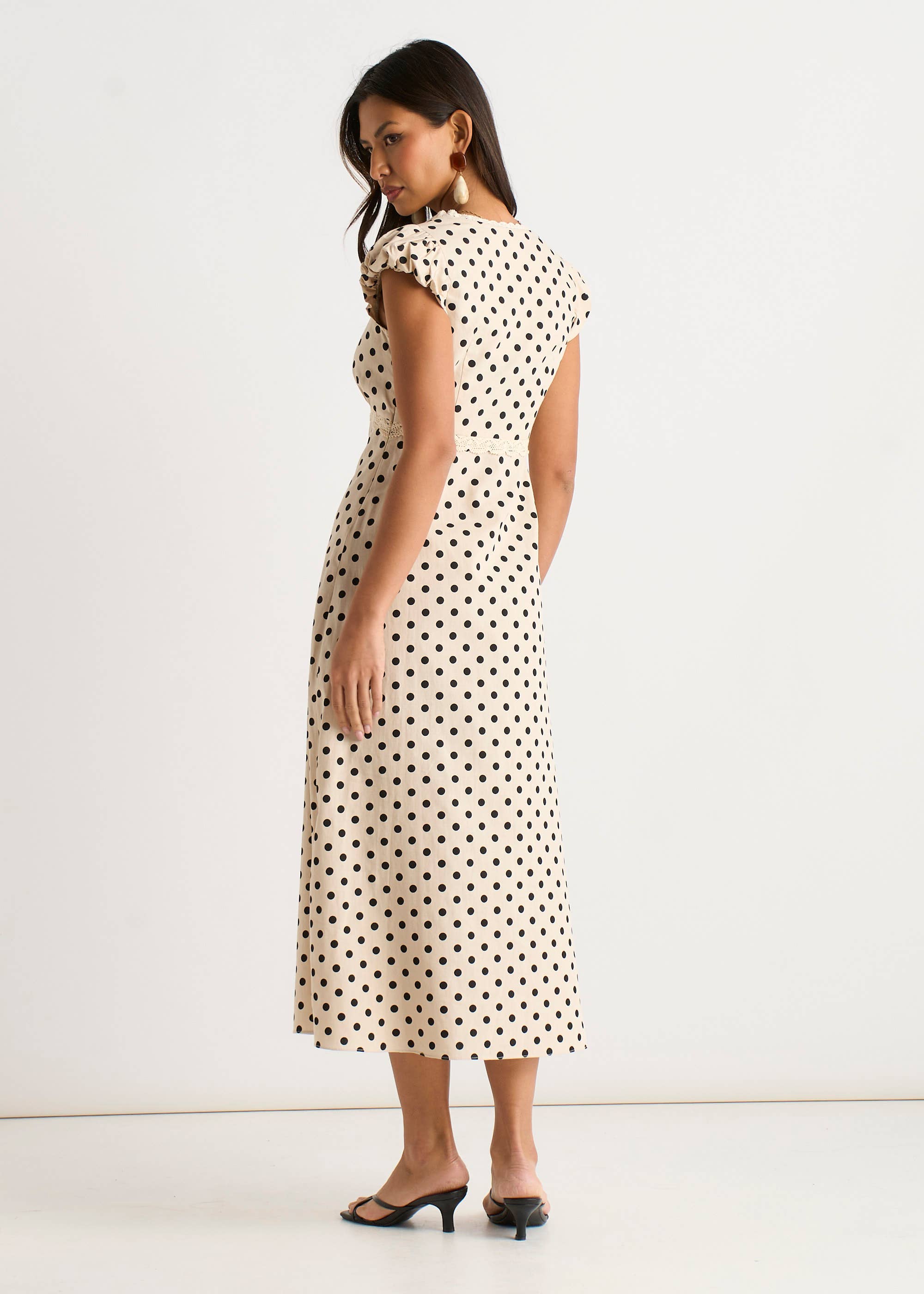 Cream Cotton Spot Print Lace Trim Midi Dress