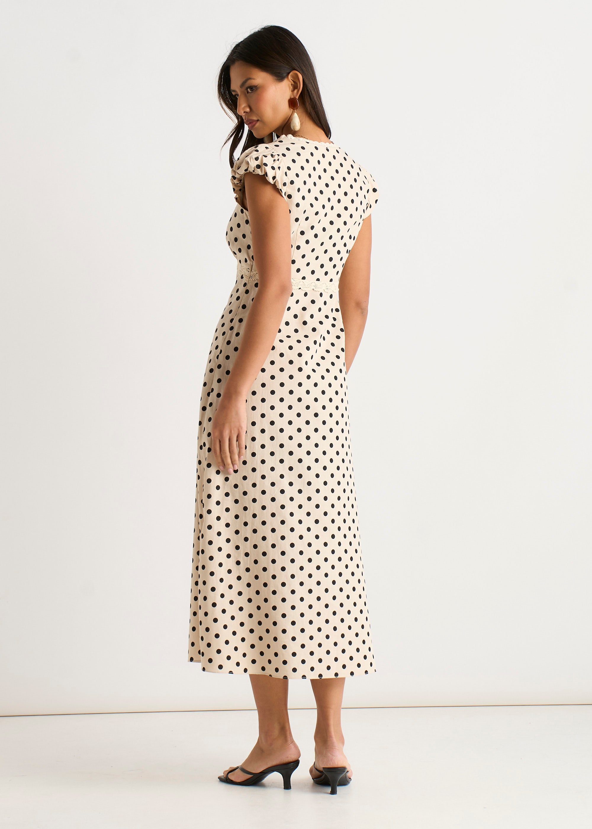 Cream Cotton Spot Print Lace Trim Midi Dress