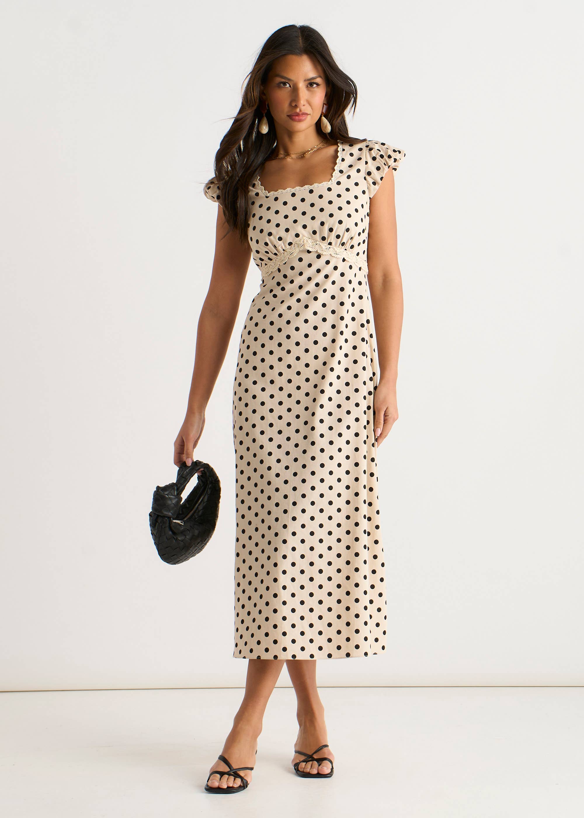 Cream Cotton Spot Print Lace Trim Midi Dress