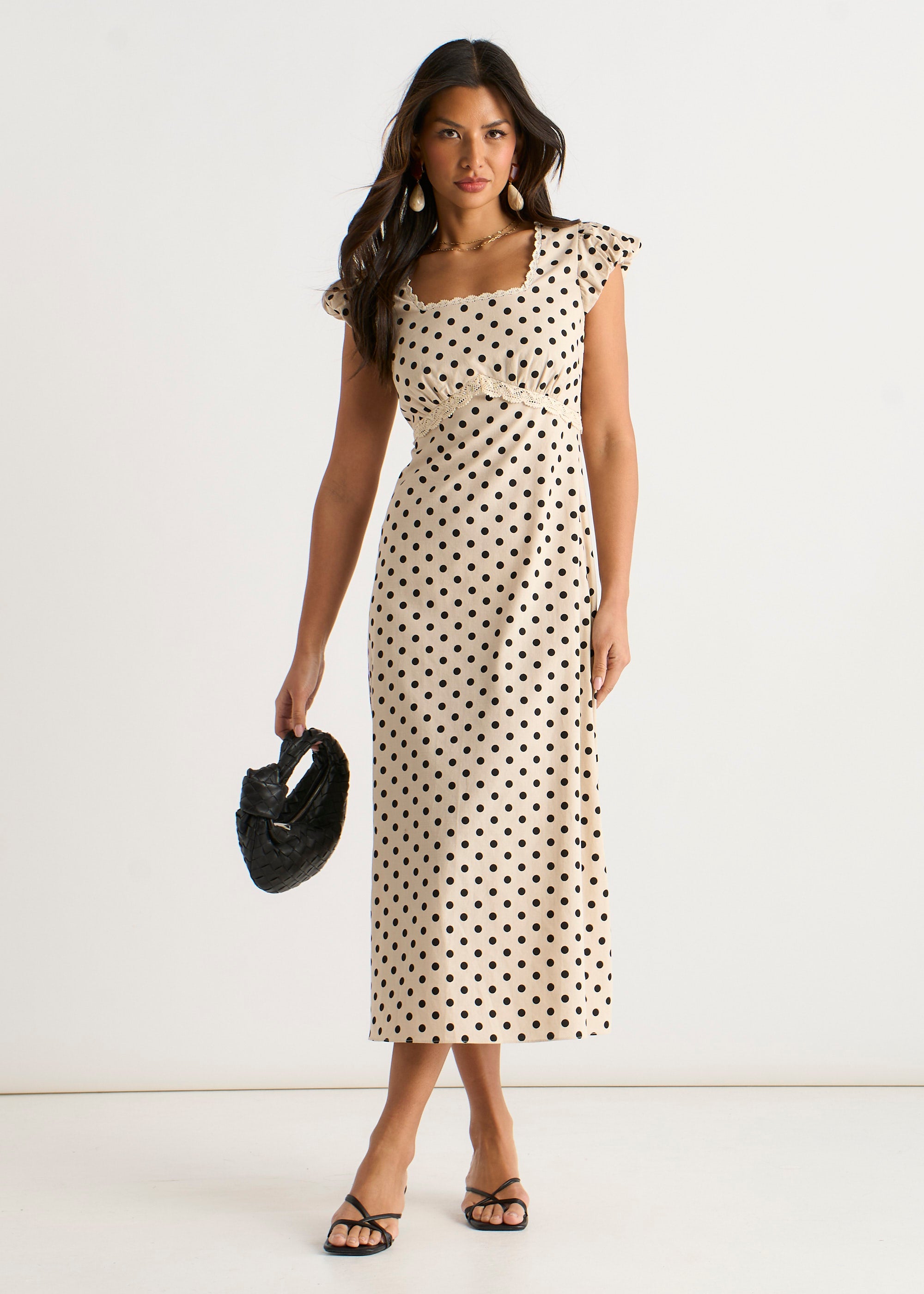 Cotton Spot Print Lace Trim Midi Dress