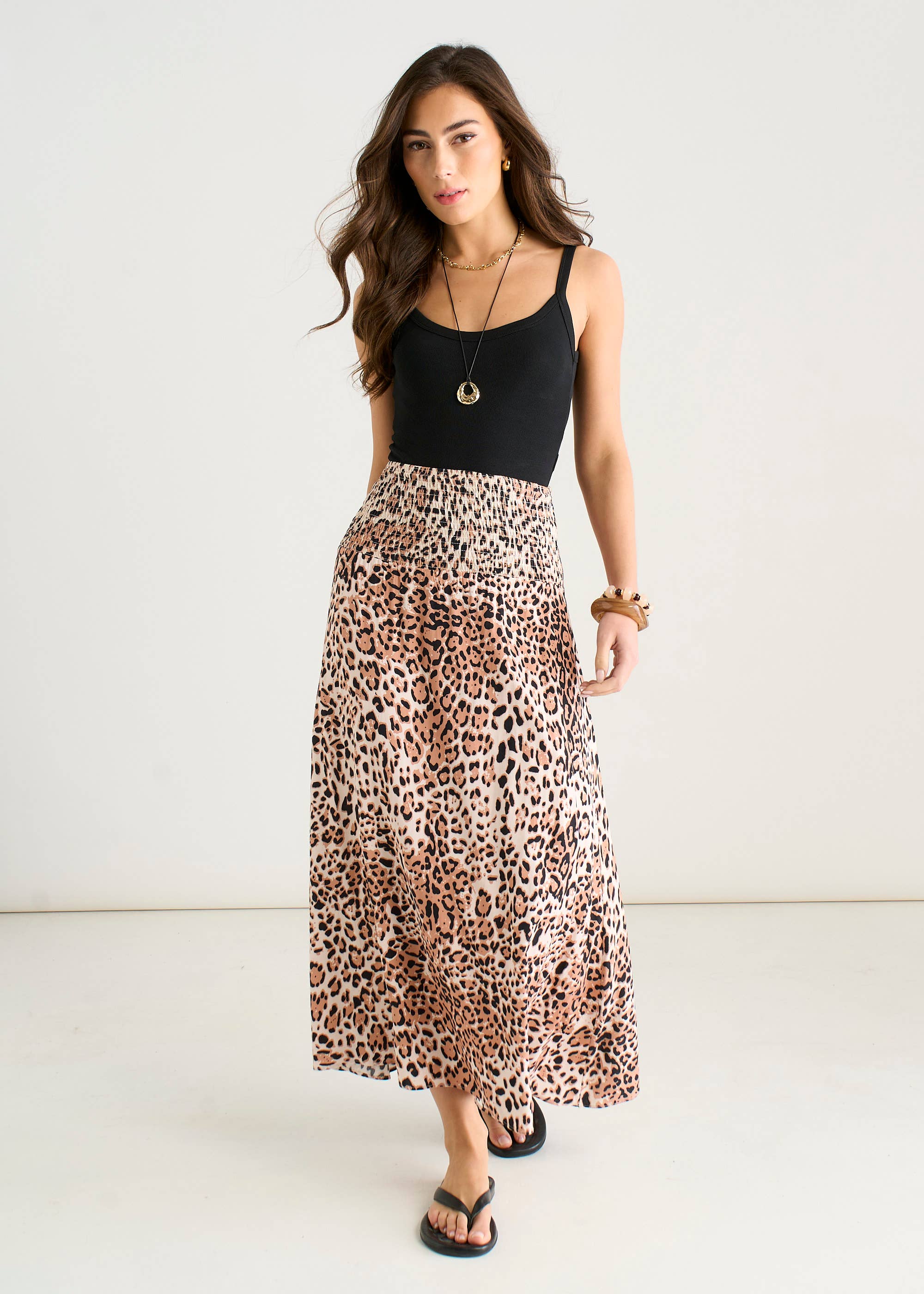 Brown Animal Print Elasticated Waist Skater Skirt