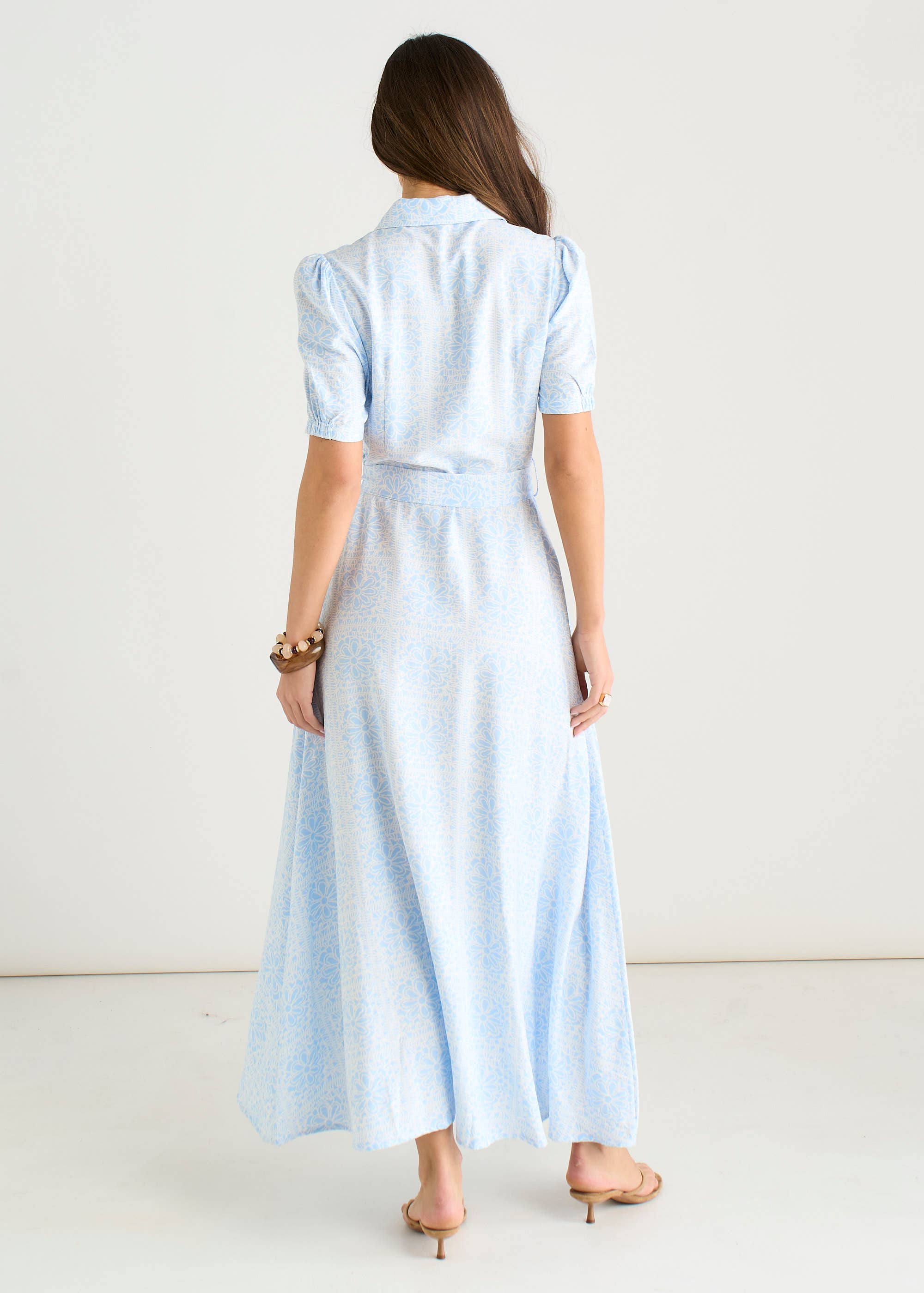 Cotton Mix Blue Tile Print Button Through Maxi Shirt Dress