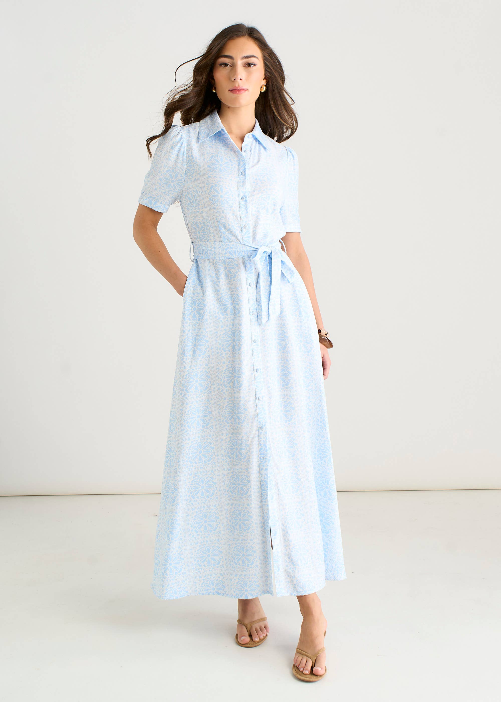 Cotton Mix Blue Tile Print Button Through Maxi Shirt Dress