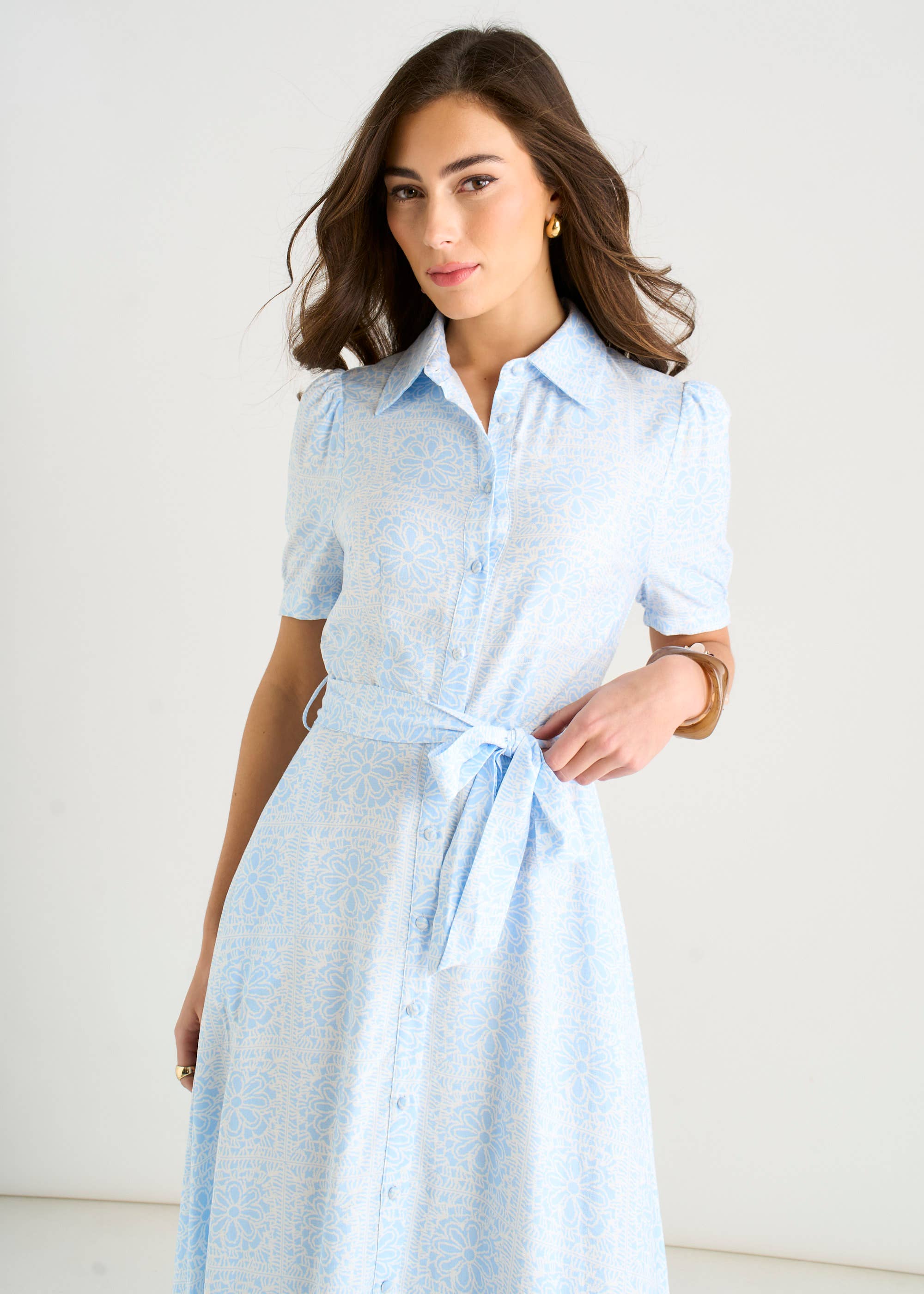 Cotton Mix Blue Tile Print Button Through Maxi Shirt Dress