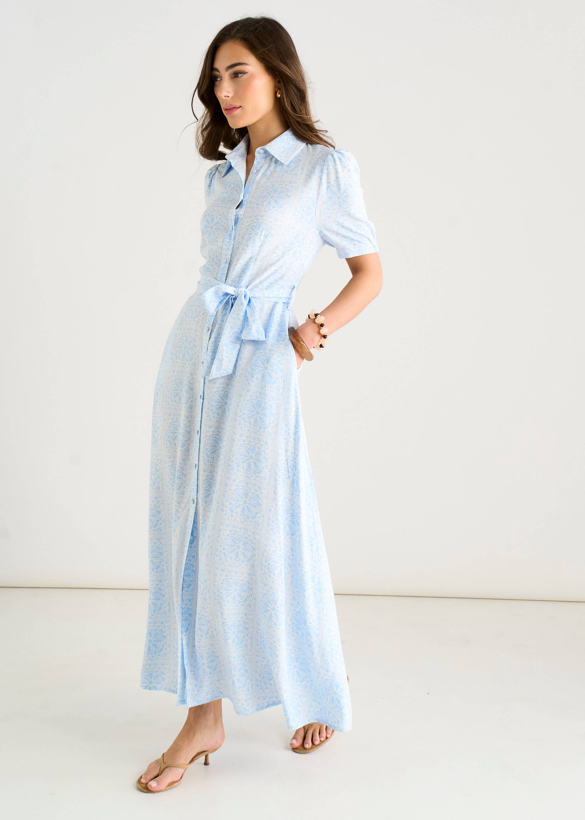 Cotton Mix Blue Tile Print Button Through Maxi Shirt Dress