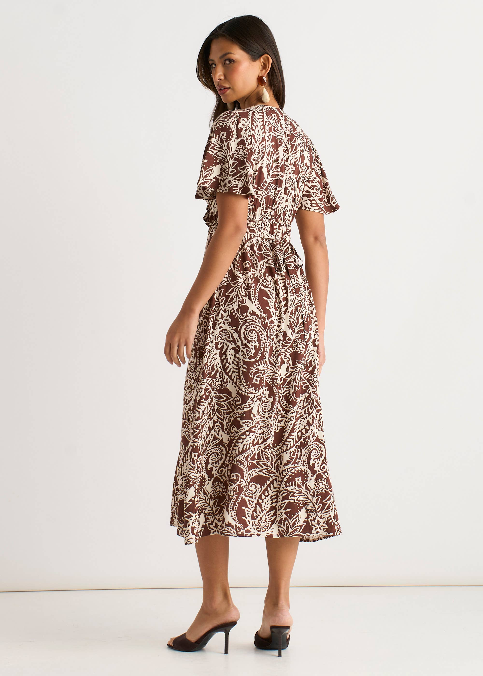 Chocolate Paisley Print Ruffle Midi Dress