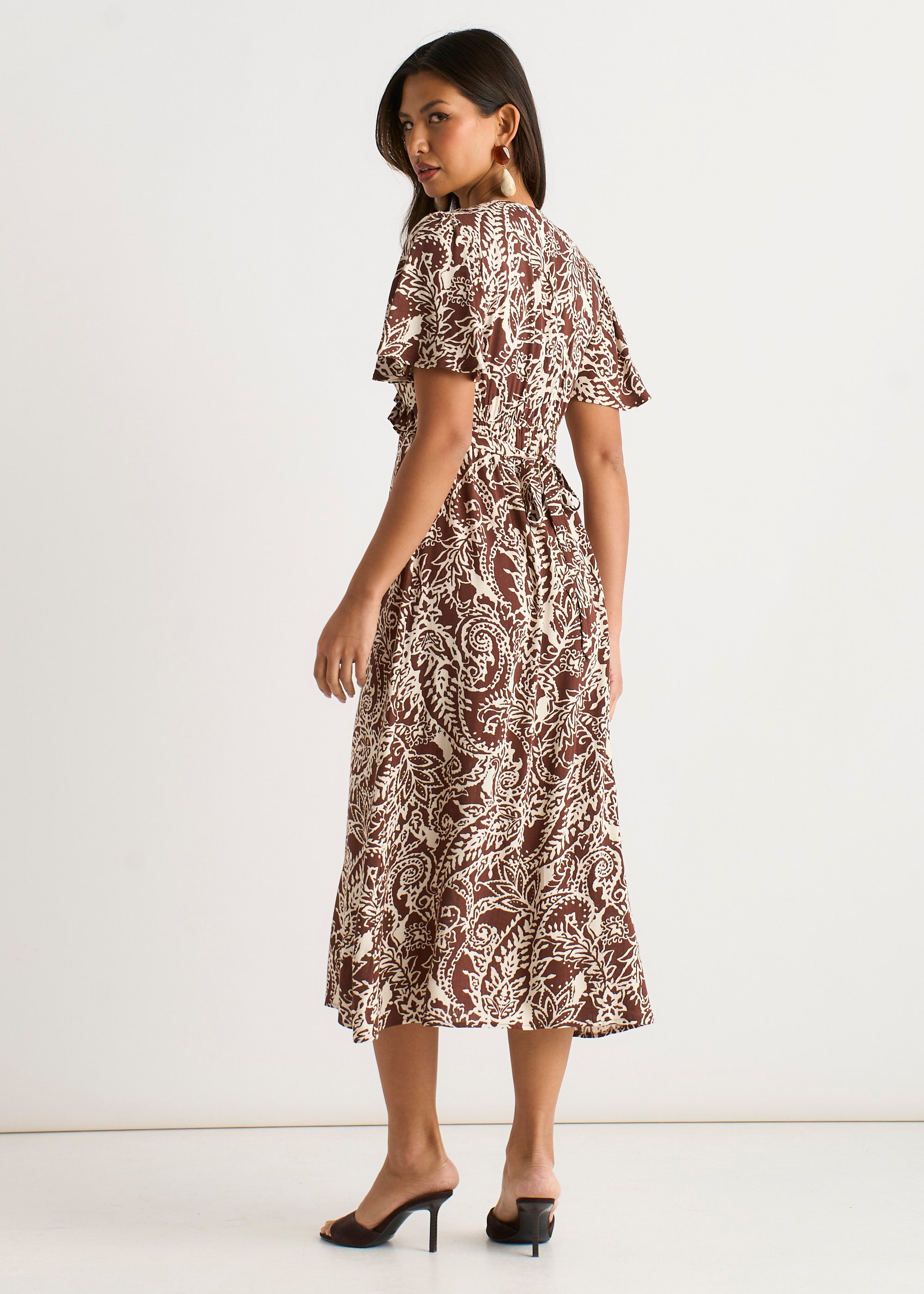Chocolate Paisley Print Ruffle Midi Dress