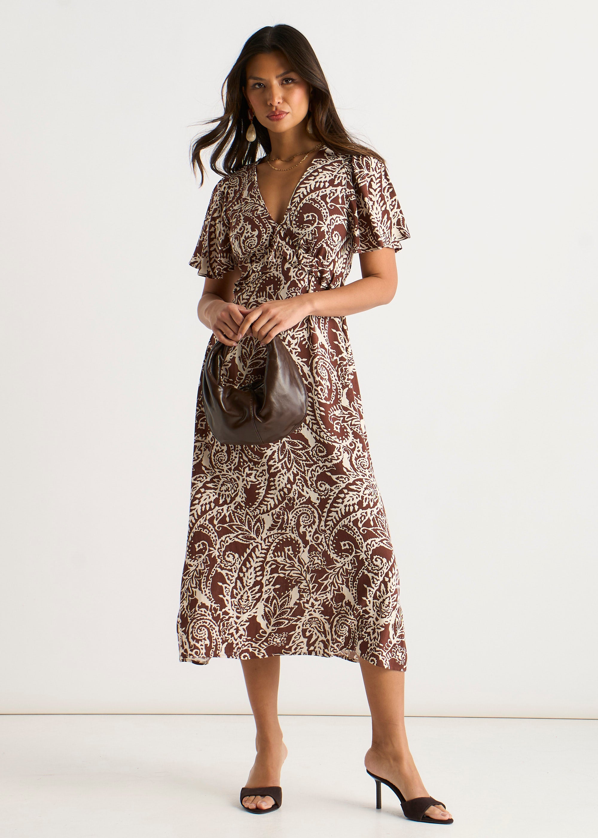 Chocolate Paisley Print Ruffle Midi Dress