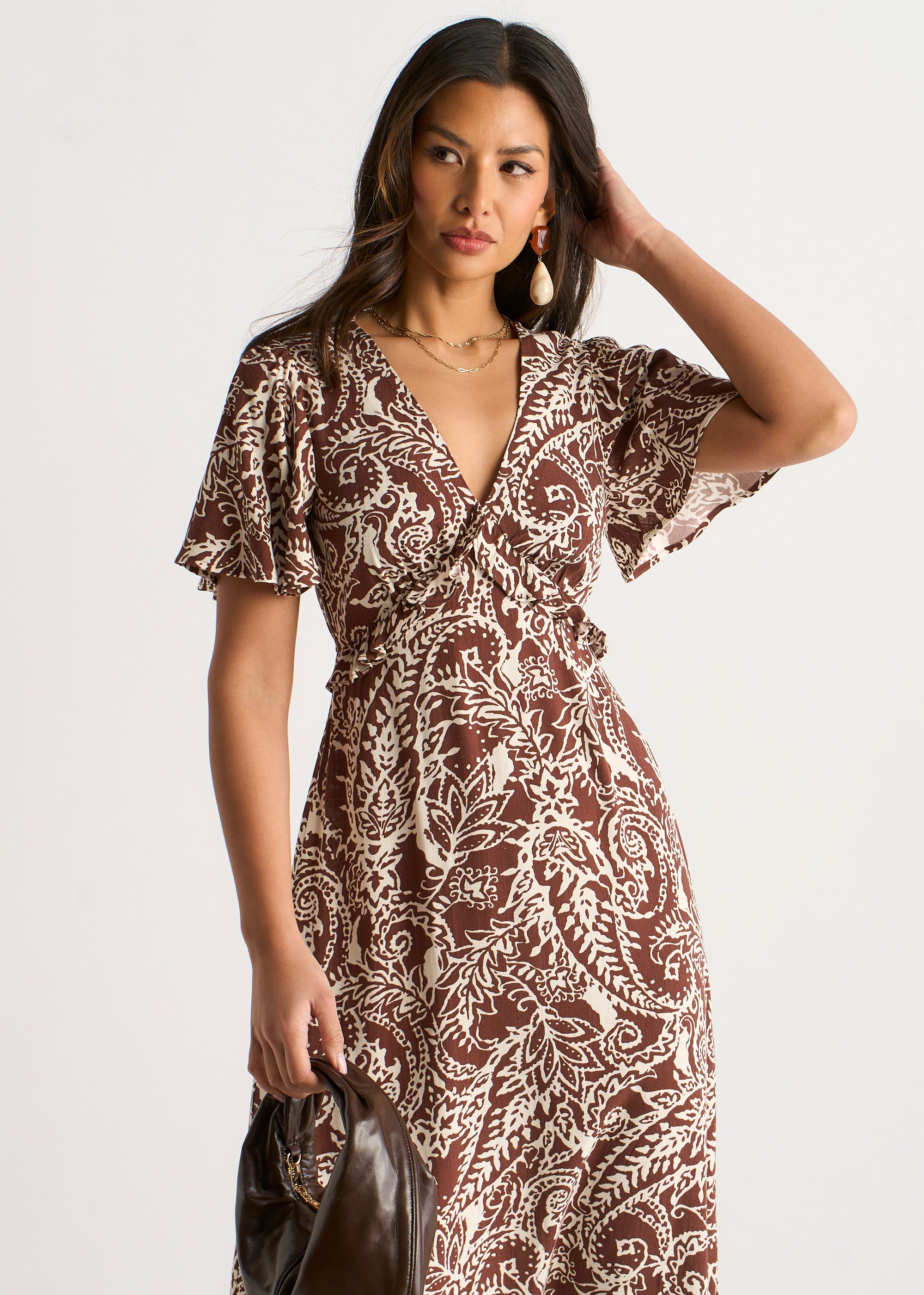Chocolate Paisley Print Ruffle Midi Dress