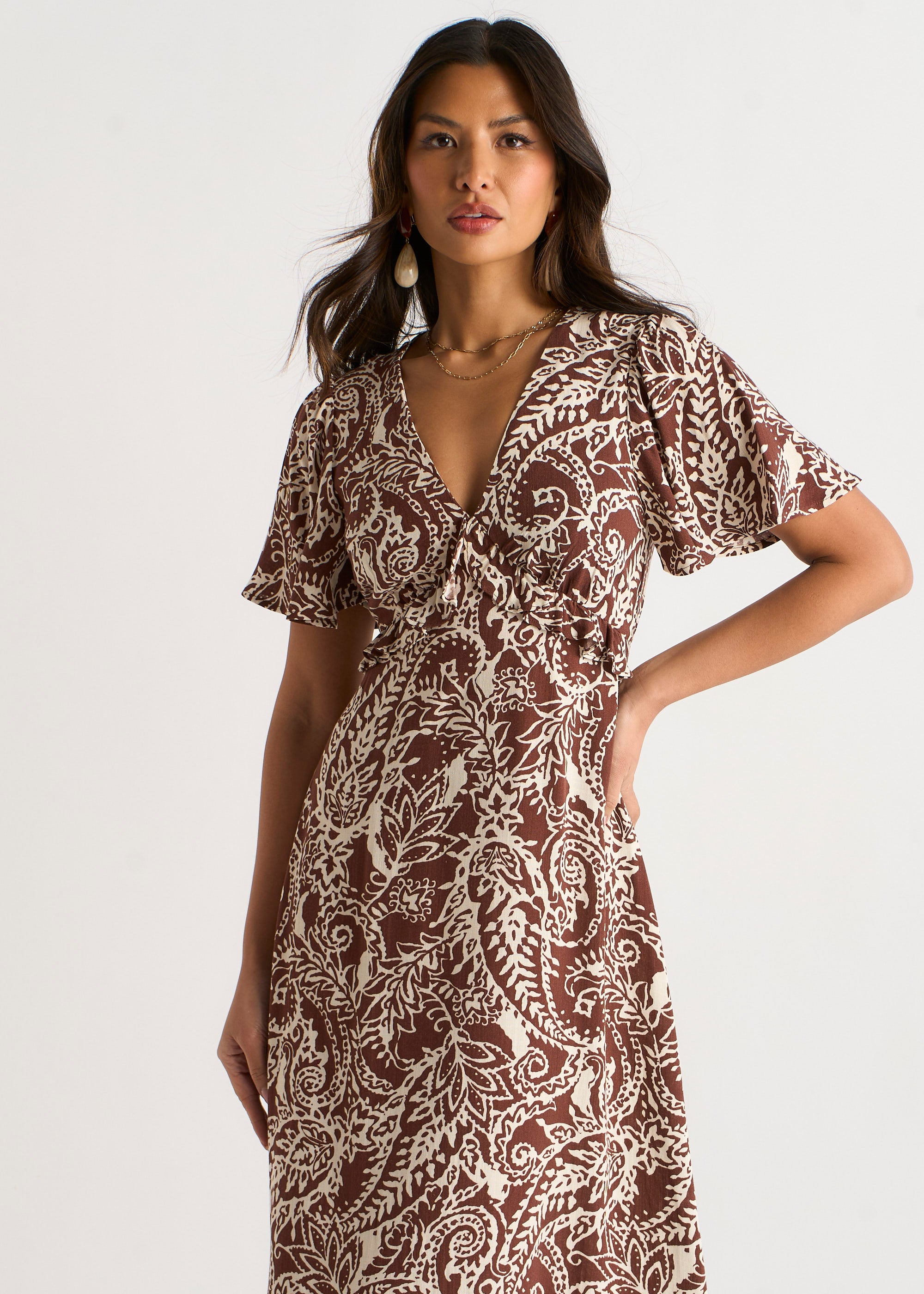 Chocolate Paisley Print Ruffle Midi Dress
