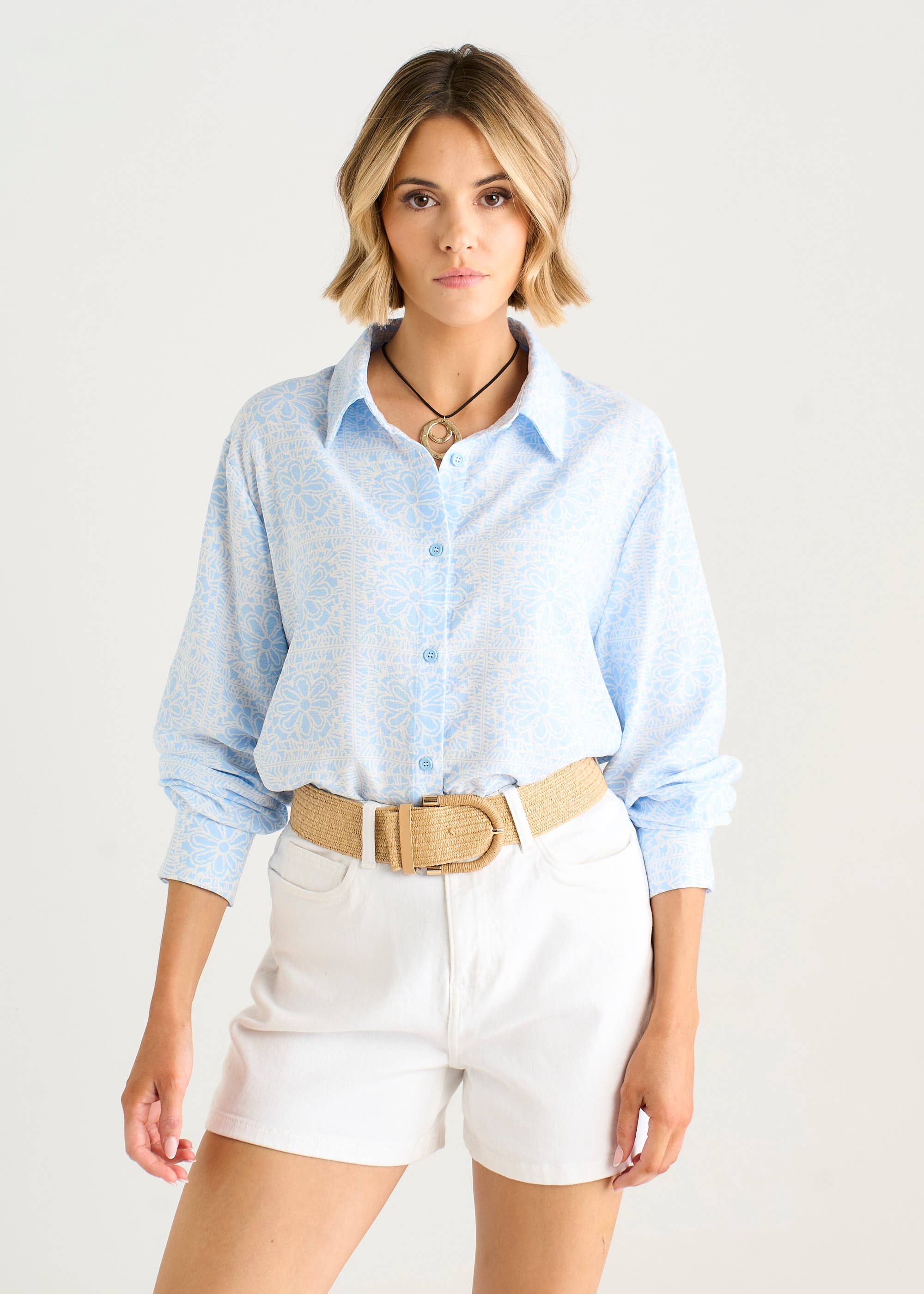 Cotton Mix Blue Tile Print Button-Through Shirt