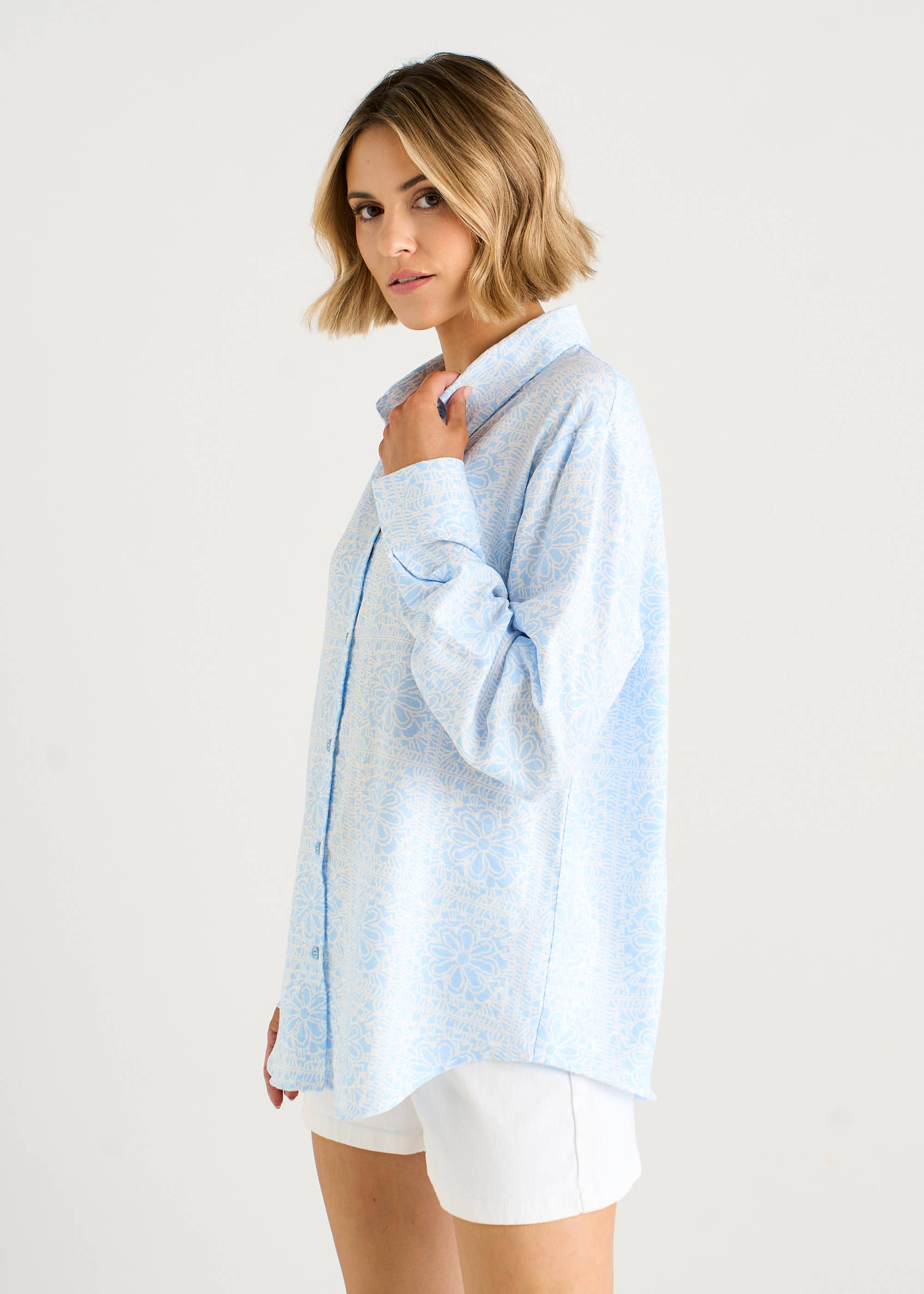 Cotton Mix Blue Tile Print Button-Through Shirt