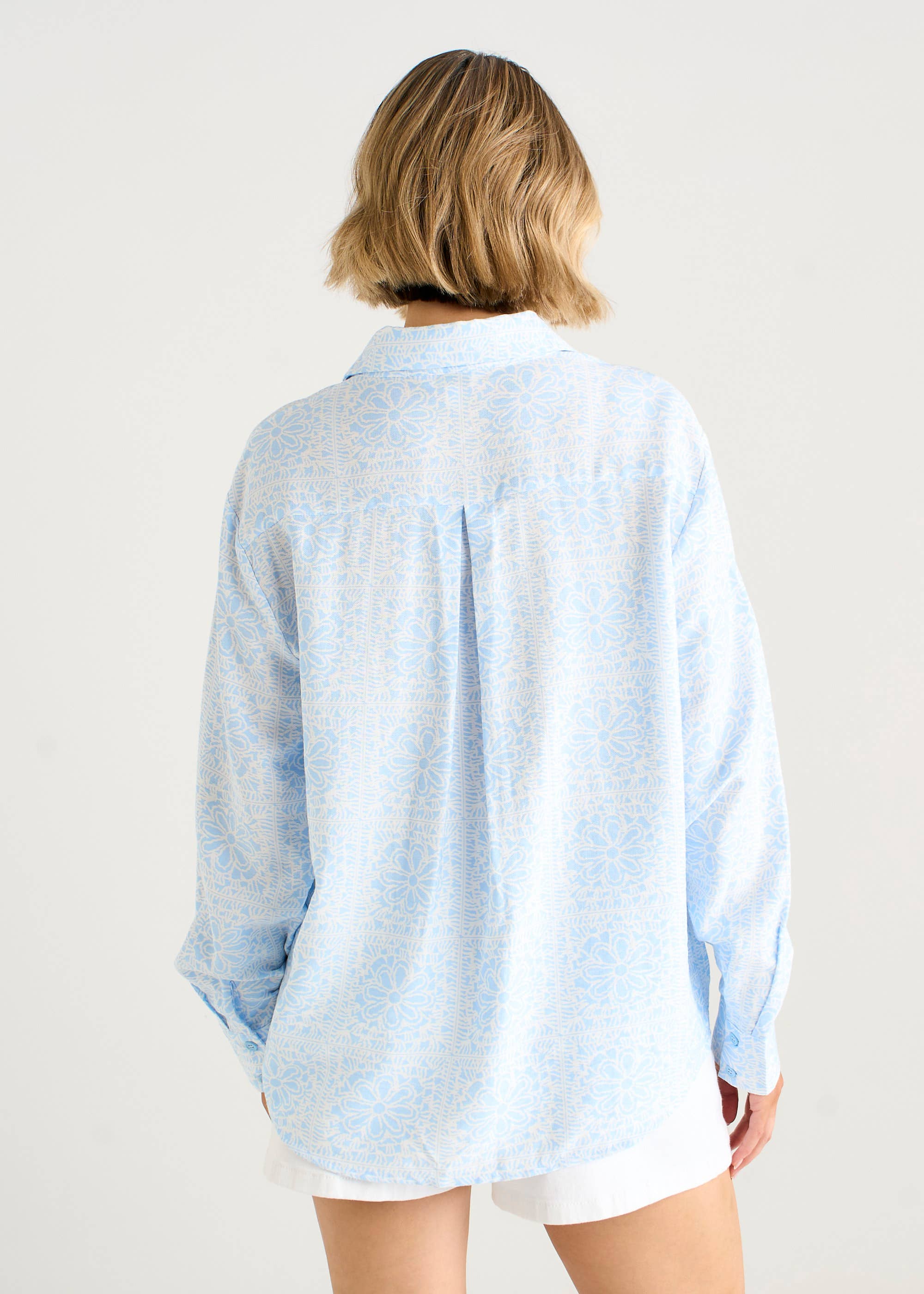 Cotton Mix Blue Tile Print Button-Through Shirt