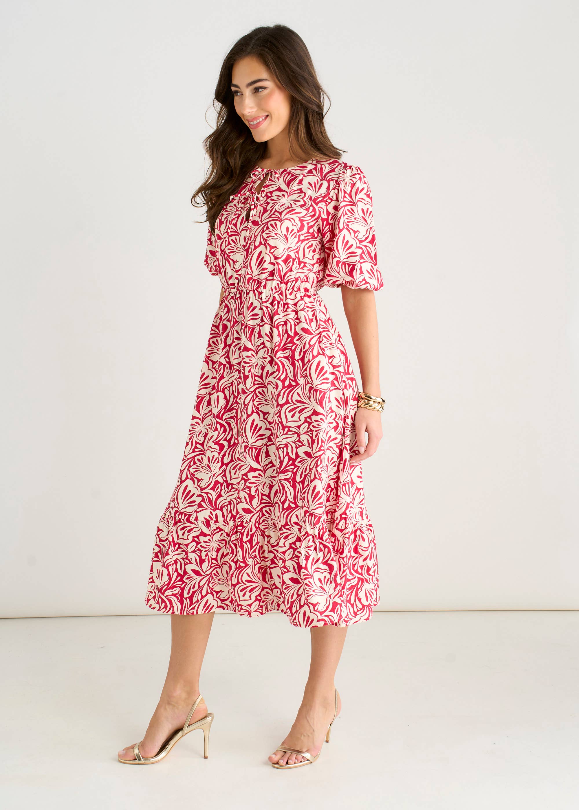 Red Paisley Print Elasticated Waist Midi Dress