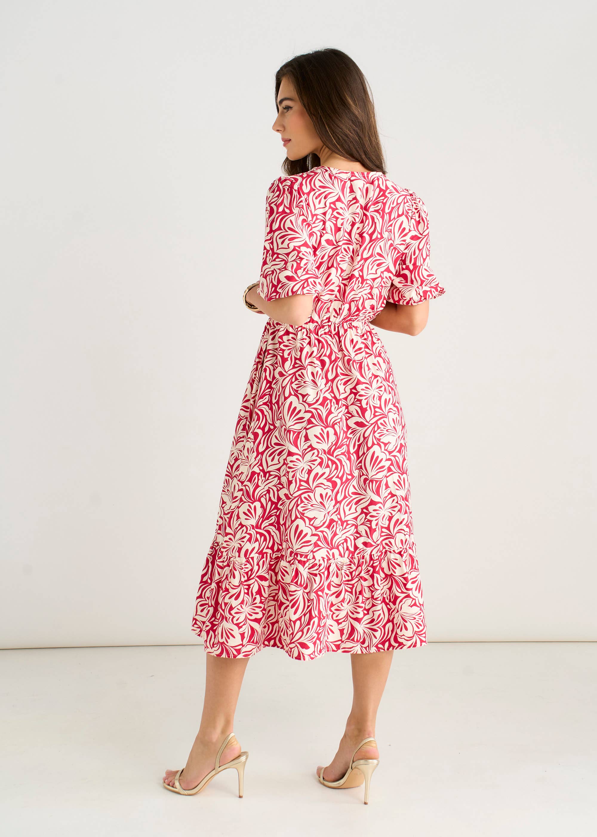 Red Paisley Print Elasticated Waist Midi Dress