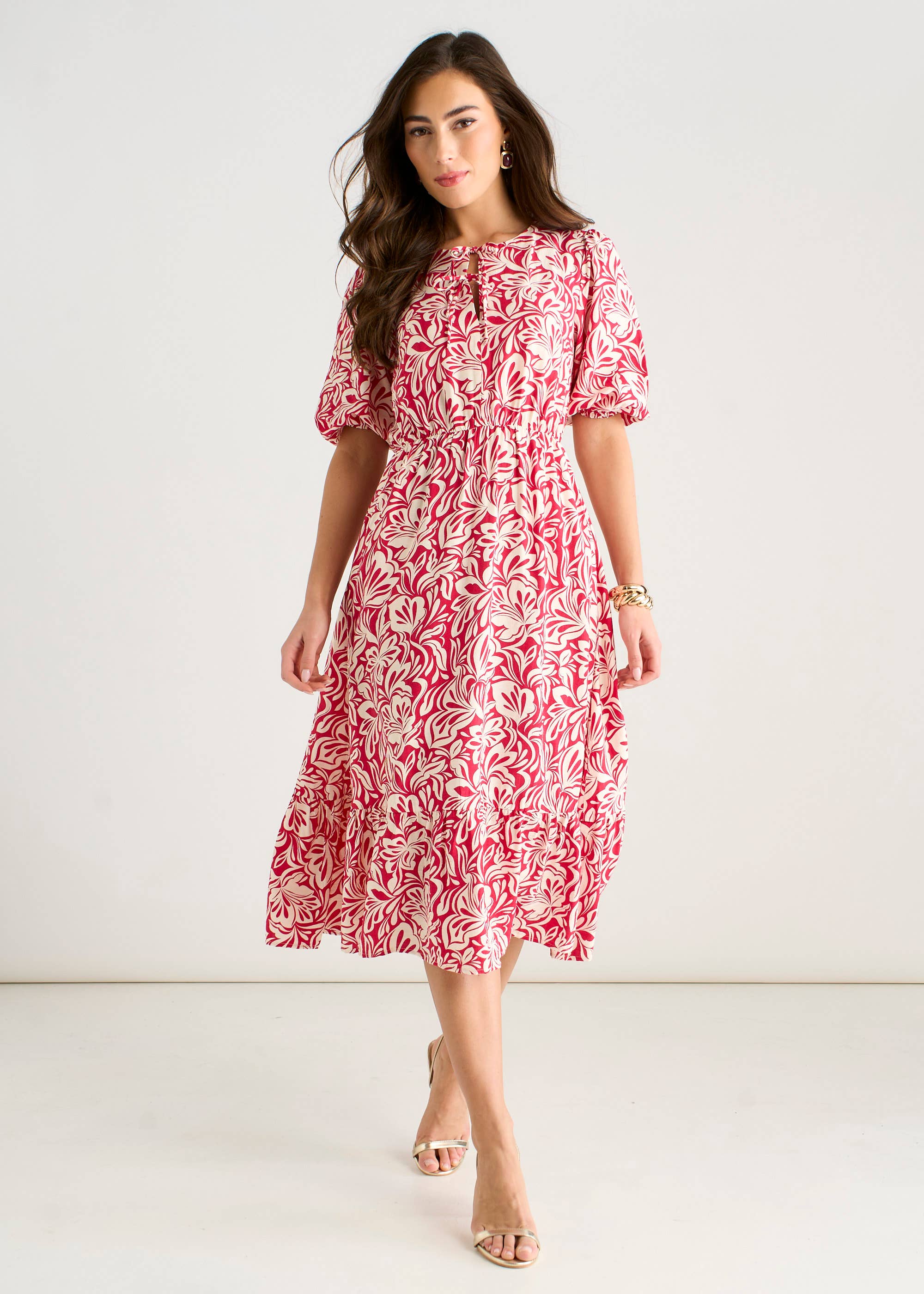 Red Paisley Print Elasticated Waist Midi Dress
