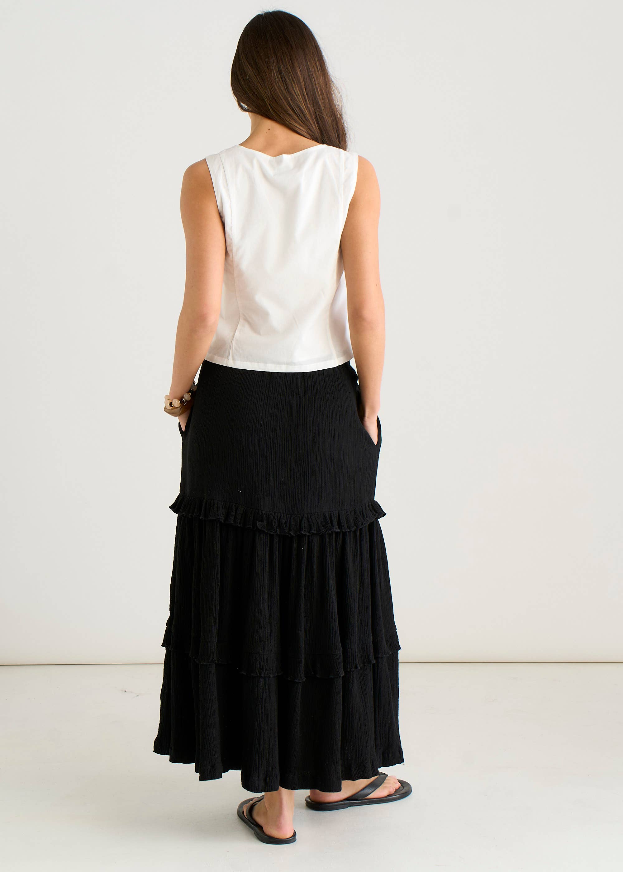 Black Tiered Cotton Skater Maxi Skirt