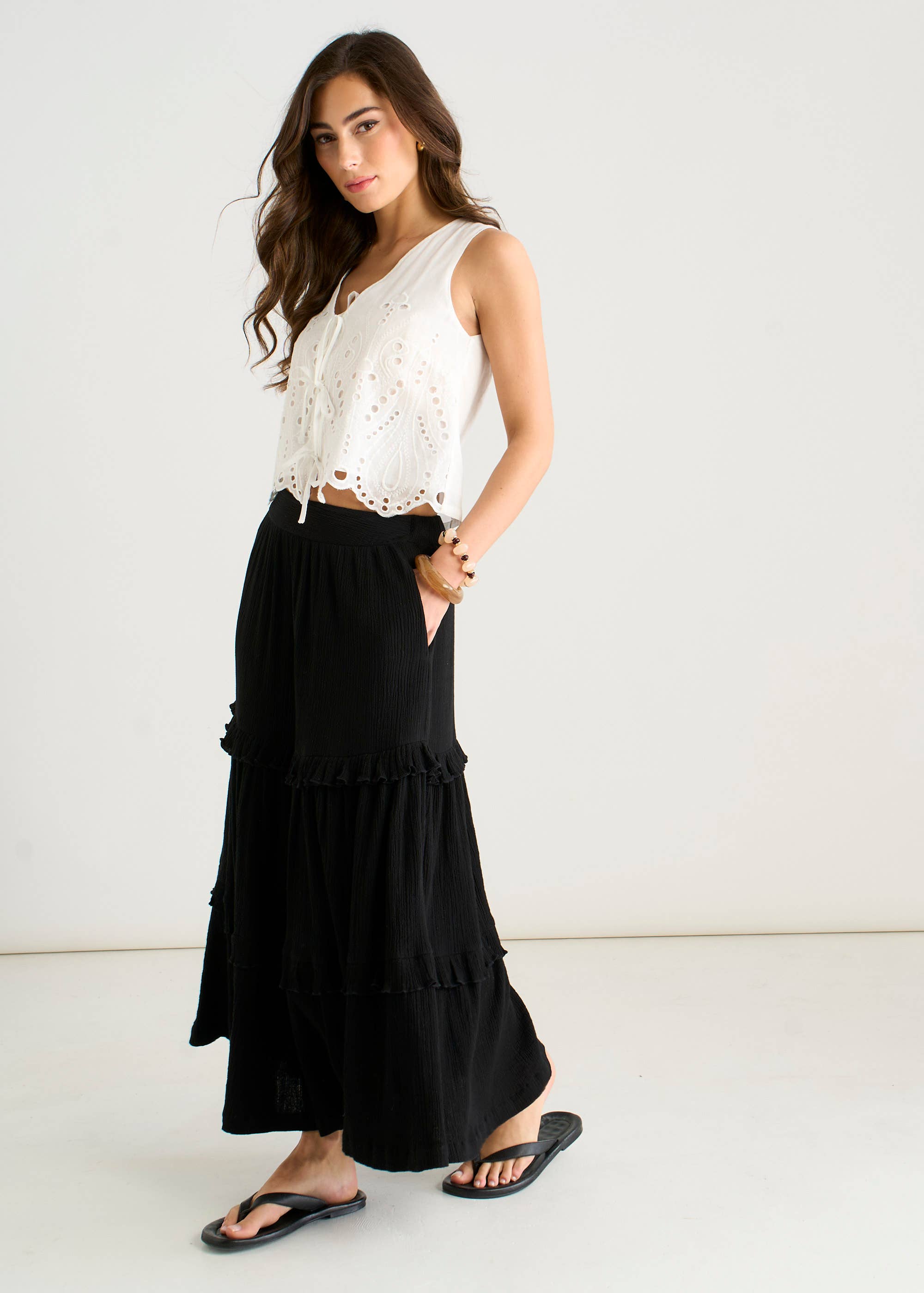Black Tiered Cotton Skater Maxi Skirt