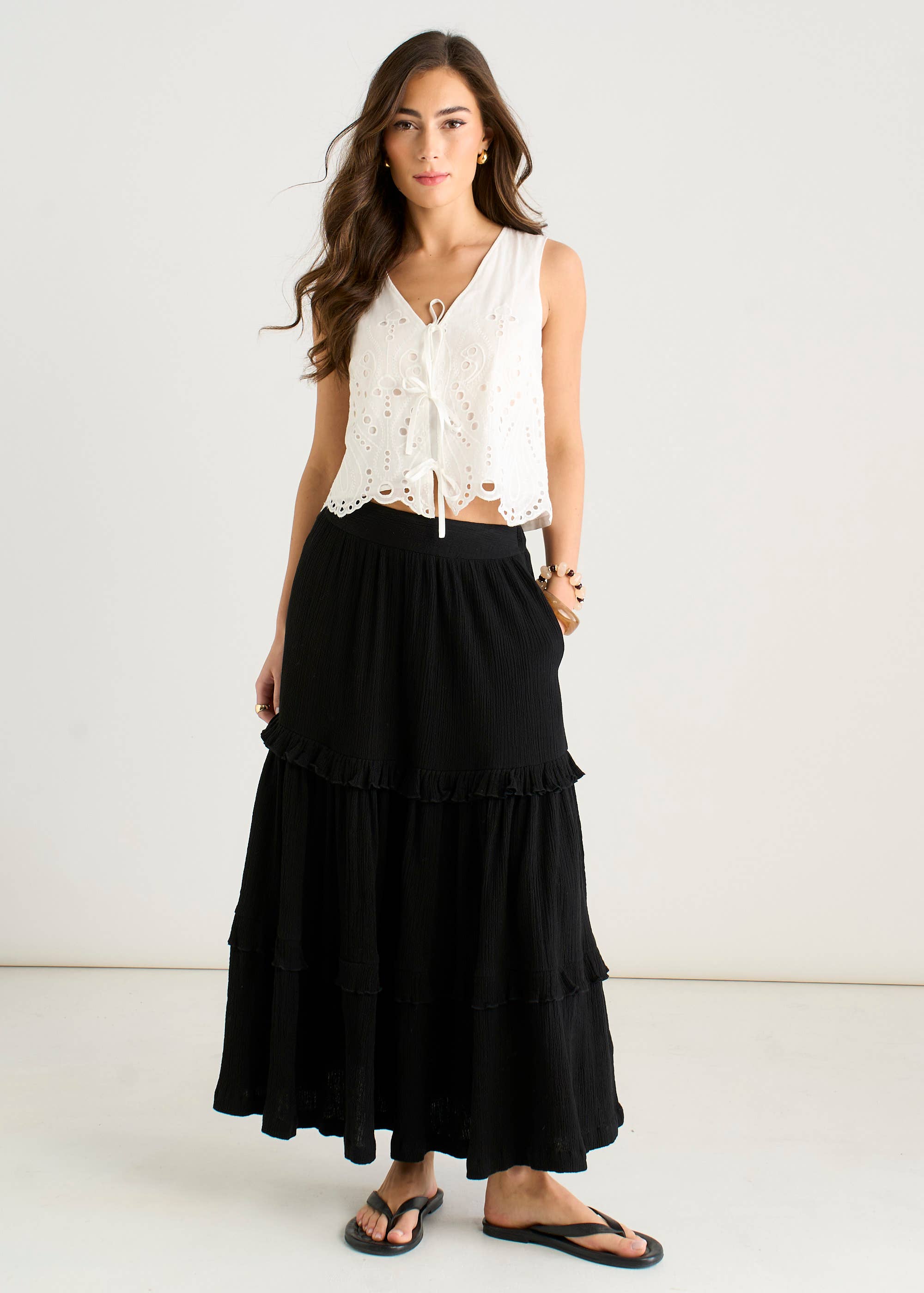 Black Tiered Cotton Skater Maxi Skirt