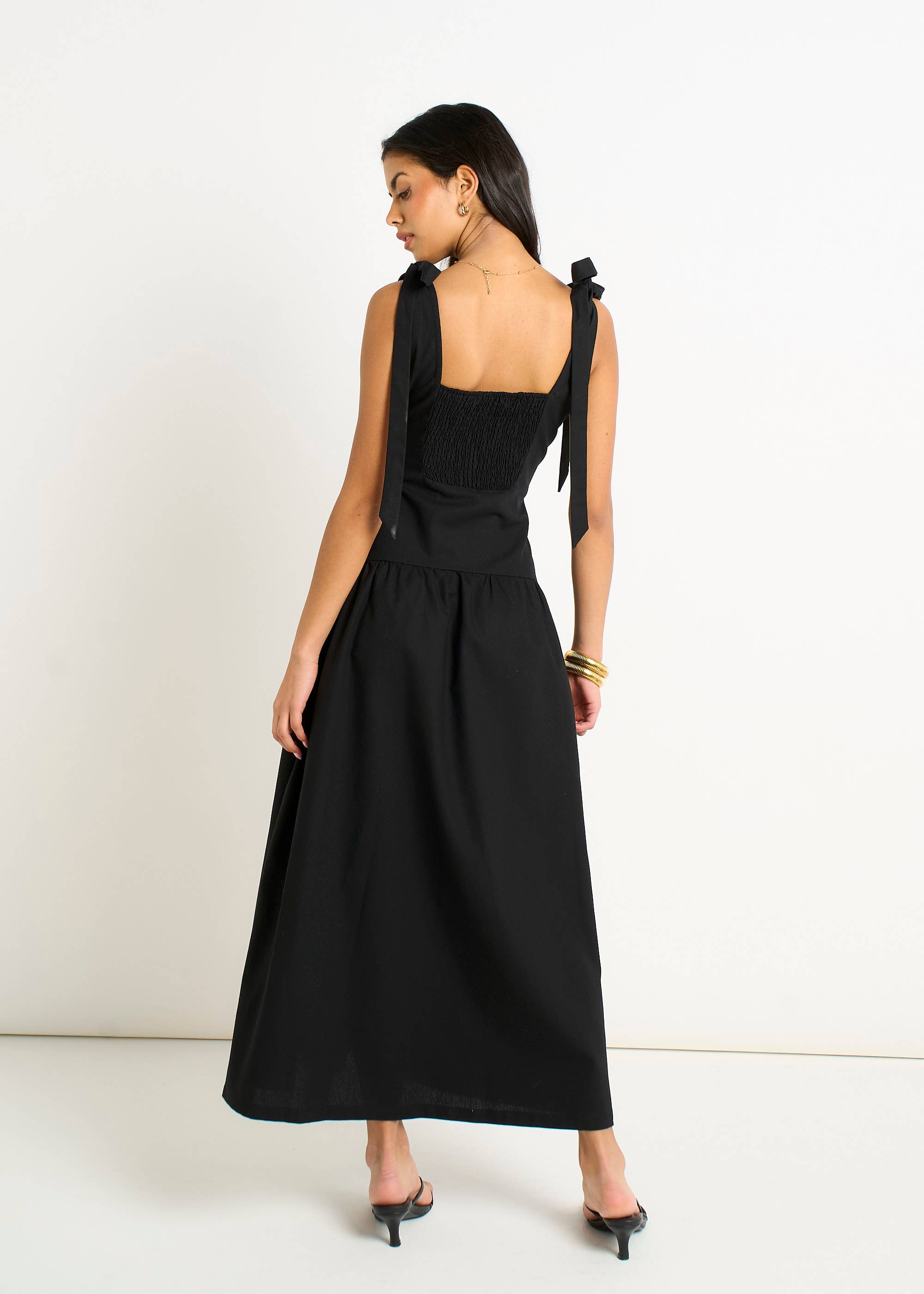 Black Viscose and Linen Blend Drop Waist Midi Dress