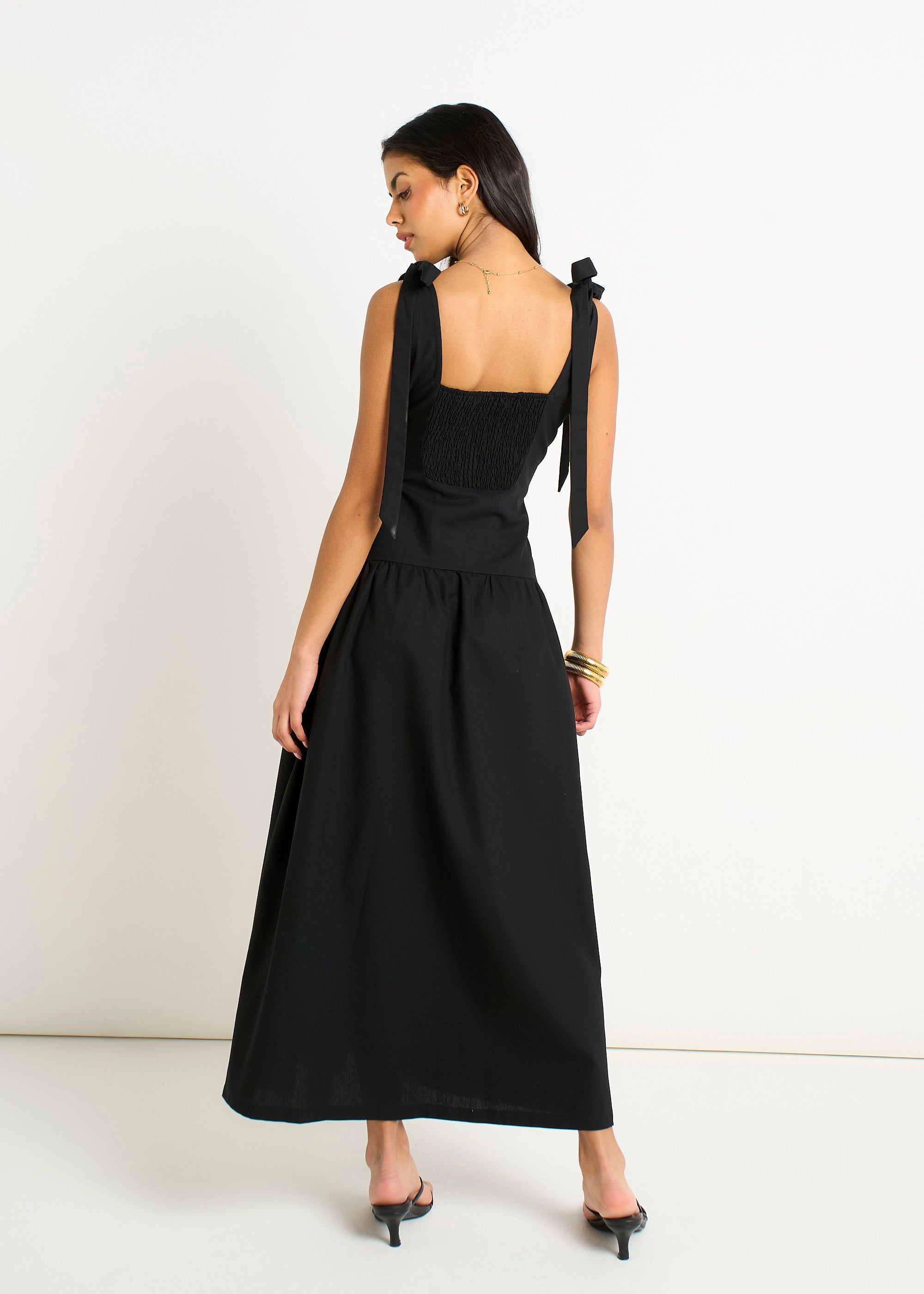 Black Linen Mix Drop Waist Midi Dress