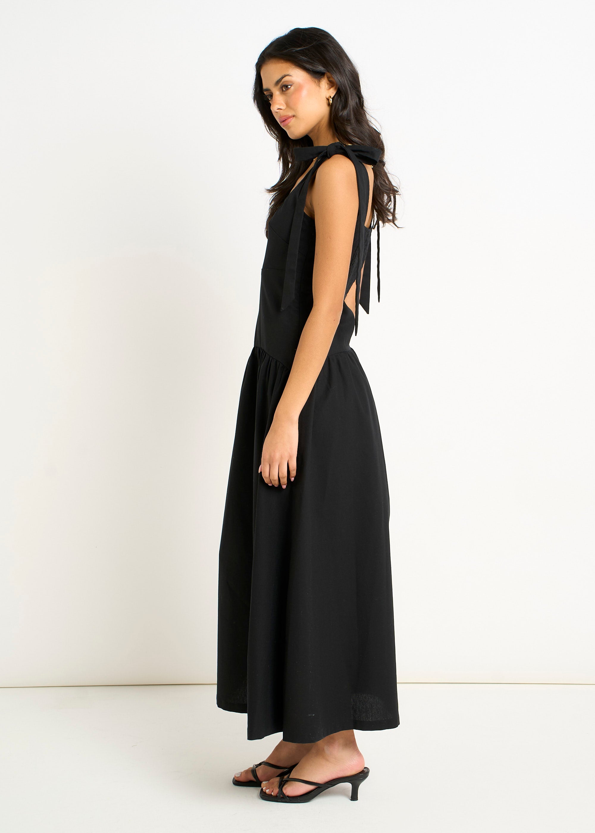 Black Linen Mix Drop Waist Midi Dress