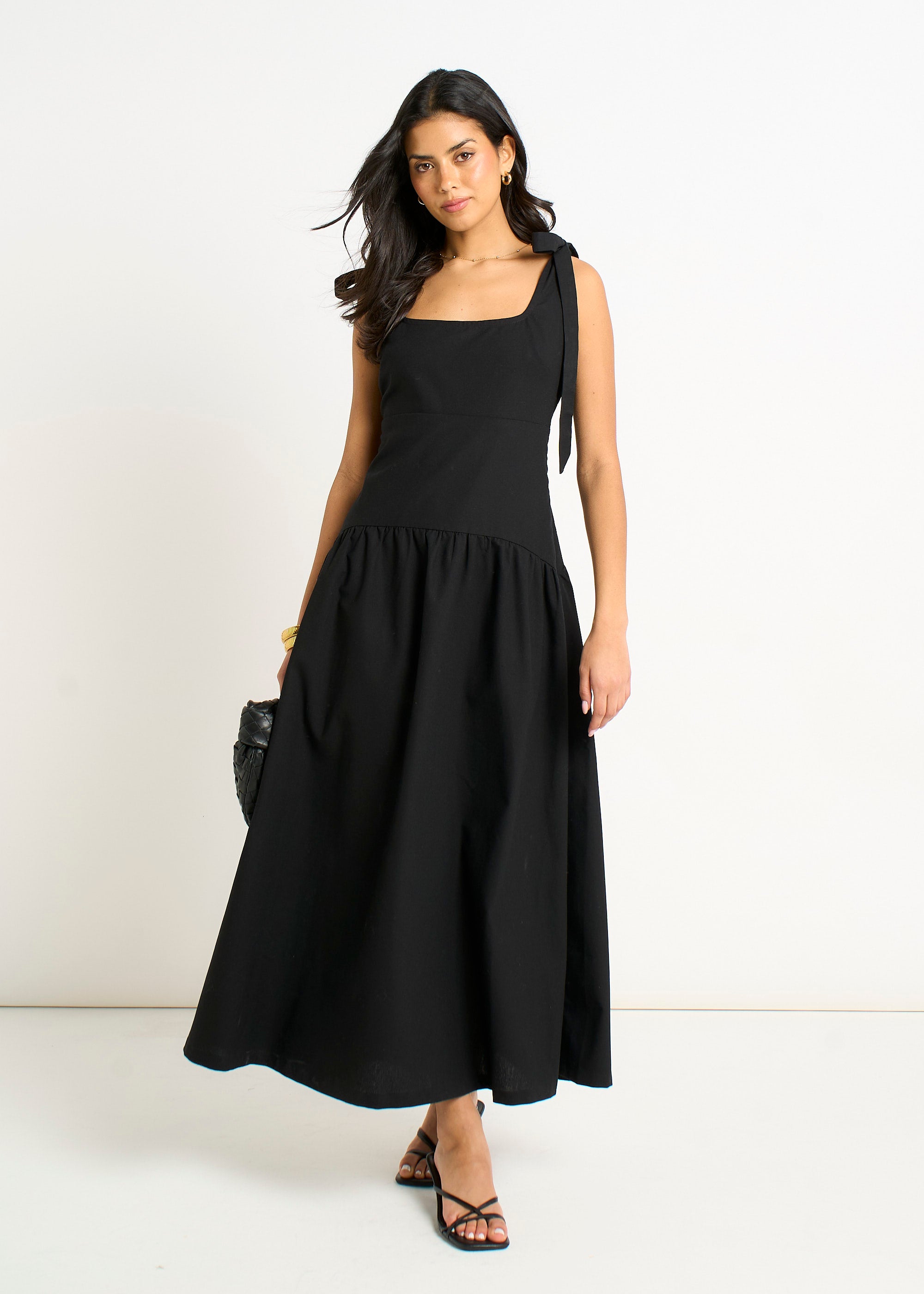 Black Linen Mix Drop Waist Midi Dress