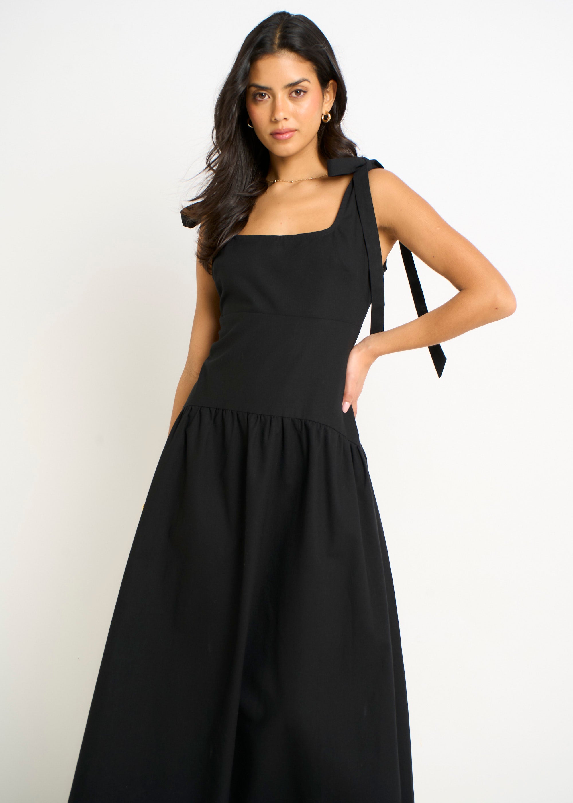 Black Linen Mix Drop Waist Midi Dress