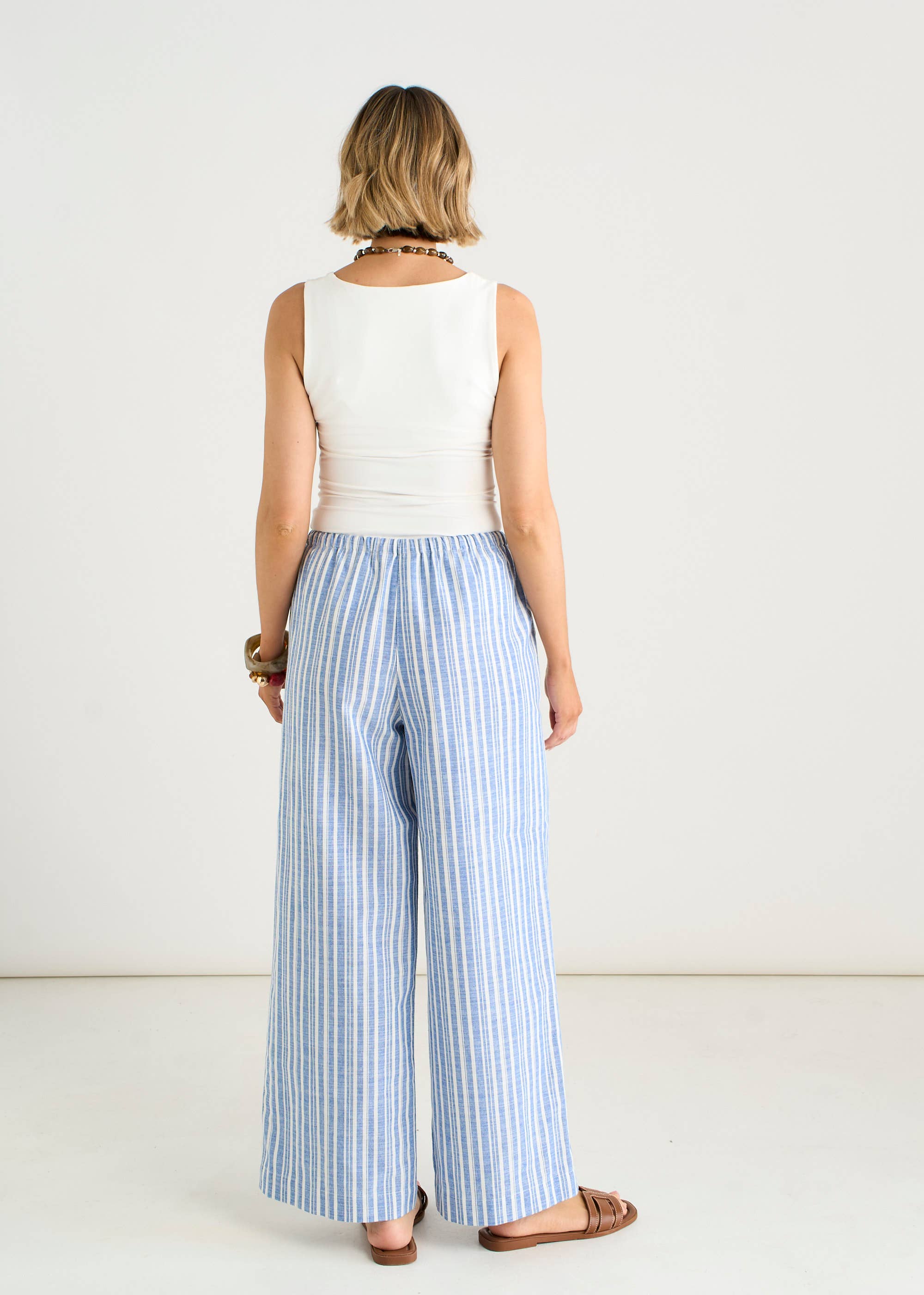 Blue Cotton and Linen Blend Stripe Trousers