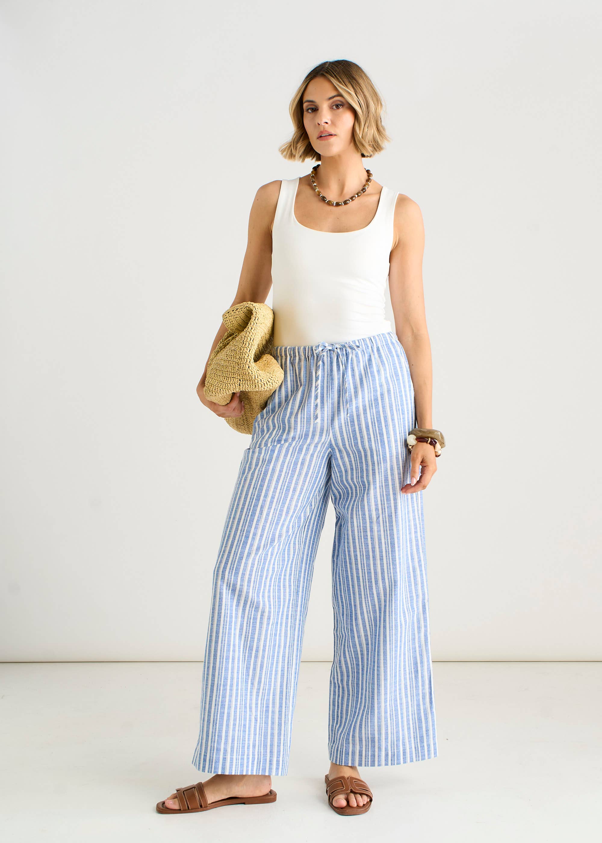 Blue Cotton and Linen Blend Stripe Trousers